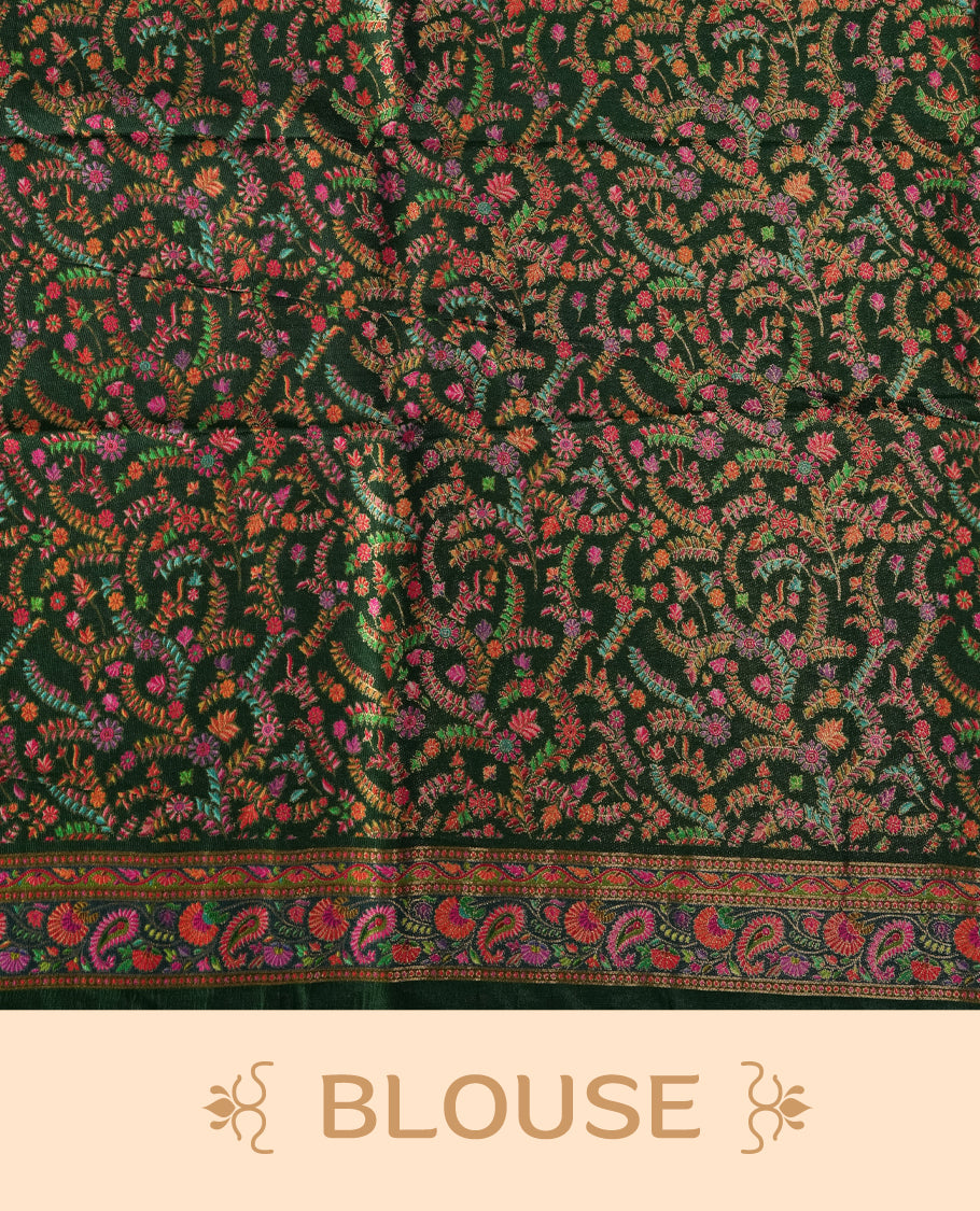 Rani Pink Pashmina Silk Saree with Plain Body, Rich Multicolor Embroidered Elephant and Paisley Motifs on Contrasting Green Zari Border & Pallu, Paired with Matching Blouse Piece