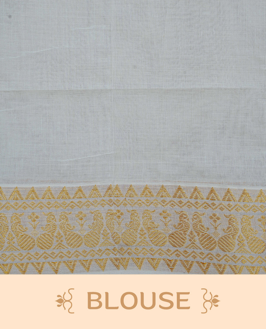 Cream Colour Cotton Kerala Saree Featuring Gold Buttas on the Body, a Classy Gold Zari Border, and a Traditional Blue Colour Lord Krishna Thread work and Gold Zari Pallu, Paired with a Matching Blouse Piece.