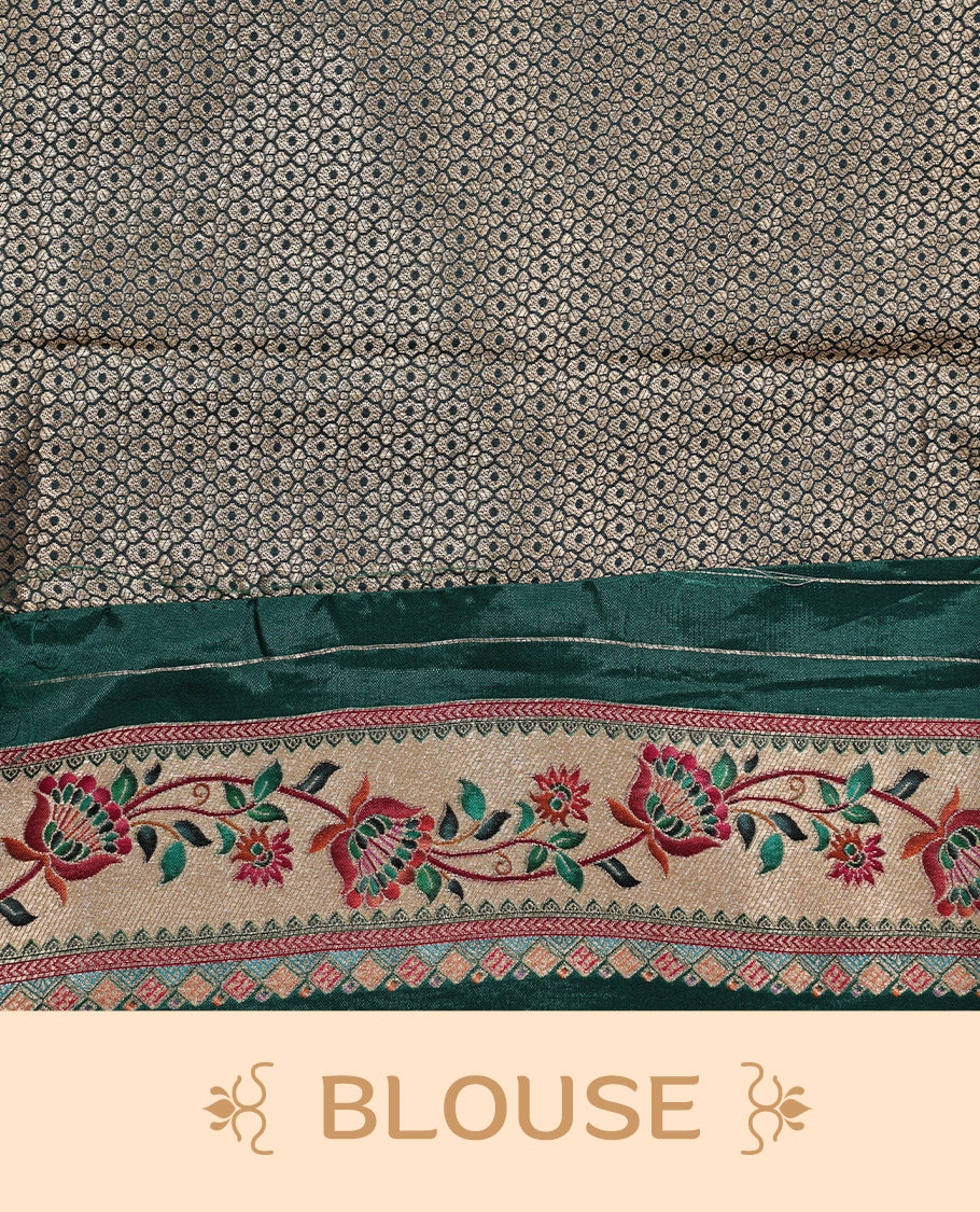 Deep purple colour Pashmina silk saree features an all over forest body, a contrast cream & green floral kodi border and pallu, and a matching unstitched blouse.