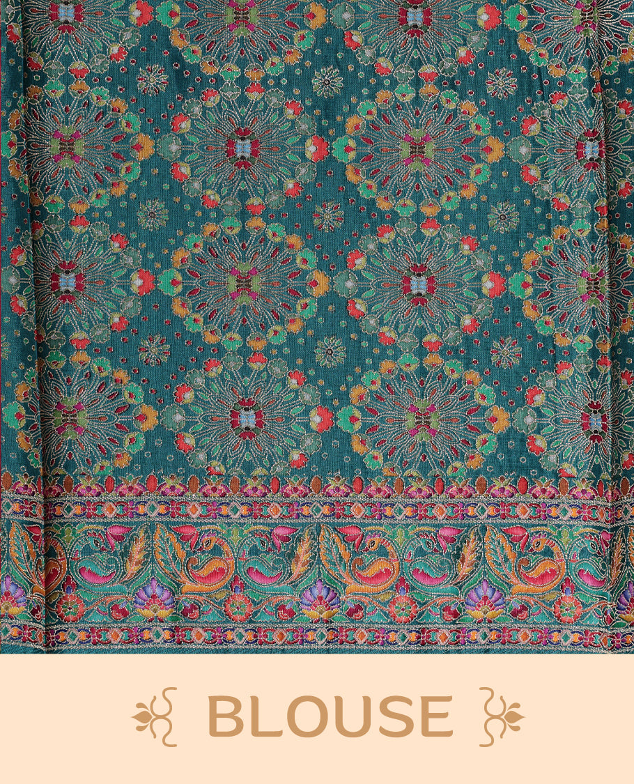 Pink colour Pashmina silk saree features an all over Multi colour with floral kodi motifs body, a self colour with multi colour box with motifs and pallu, and a matching unstitched blouse.