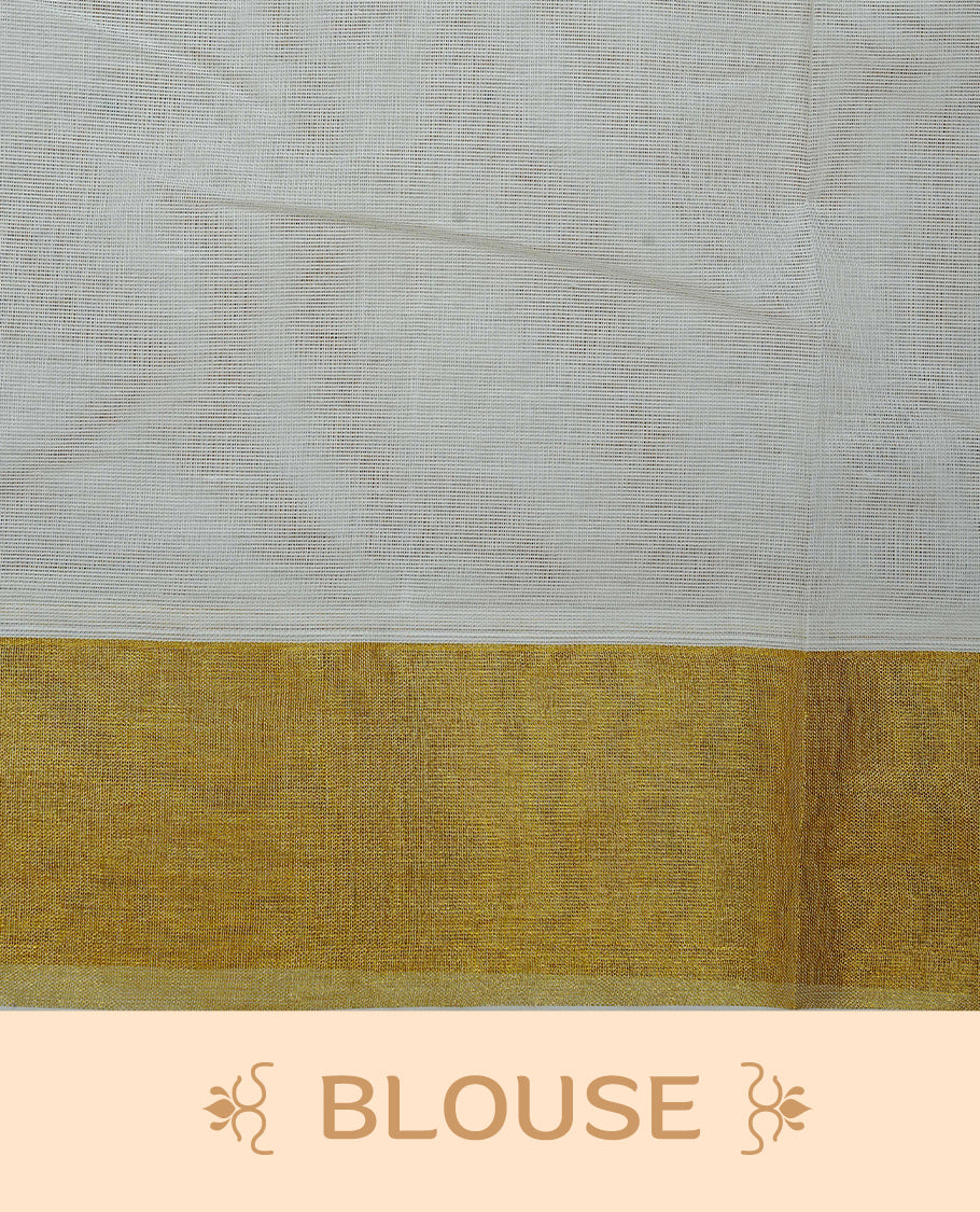 Cream Colour Cotton  Kerala Saree Featuring a Classic Gold Zari Border and Delicate Gold Leafs Motifs Across the Pallu. Finished with Fine Gold Stripes for a Timeless Traditional Look, Paired with a Matching Blouse Piece.