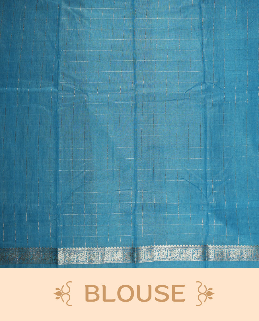Sky blue colour mixed chanderi cotton saree with checkered striped body, plain sky blue pallu, silver zari decorative border, matching sky blue blouse.