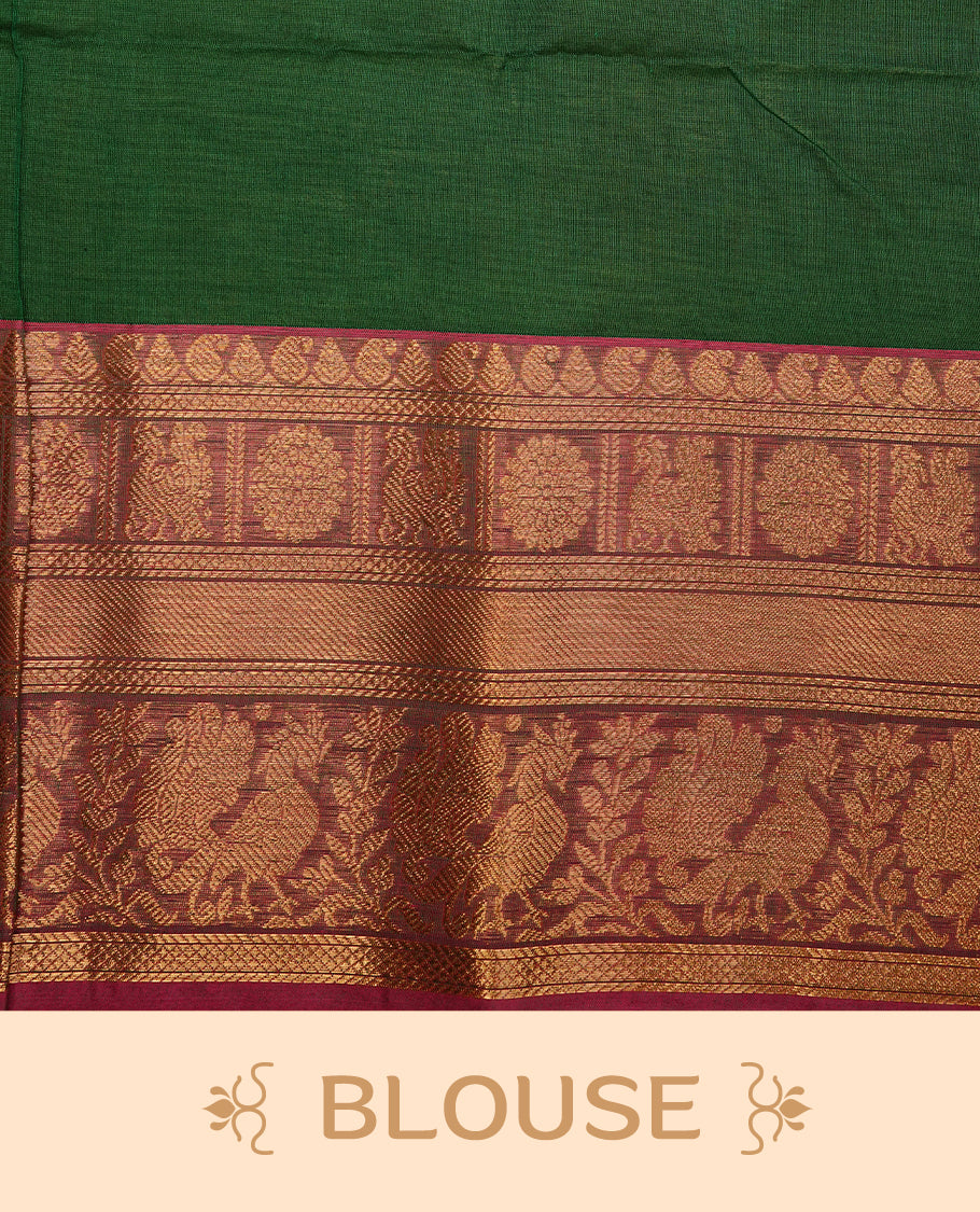 Green colour chettinad cotton saree featuring gold zari stripes on body, complemented by magenta colour with zari border, paired with matching blouse piece.