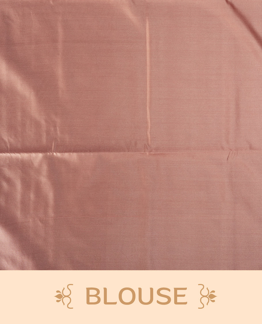 Soft peach colour semi soft silk saree, adorned with subtle woven floral motifs on the body & The design is elevated with an elegant zari border and pallu with tassels, paired with a matching blouse.