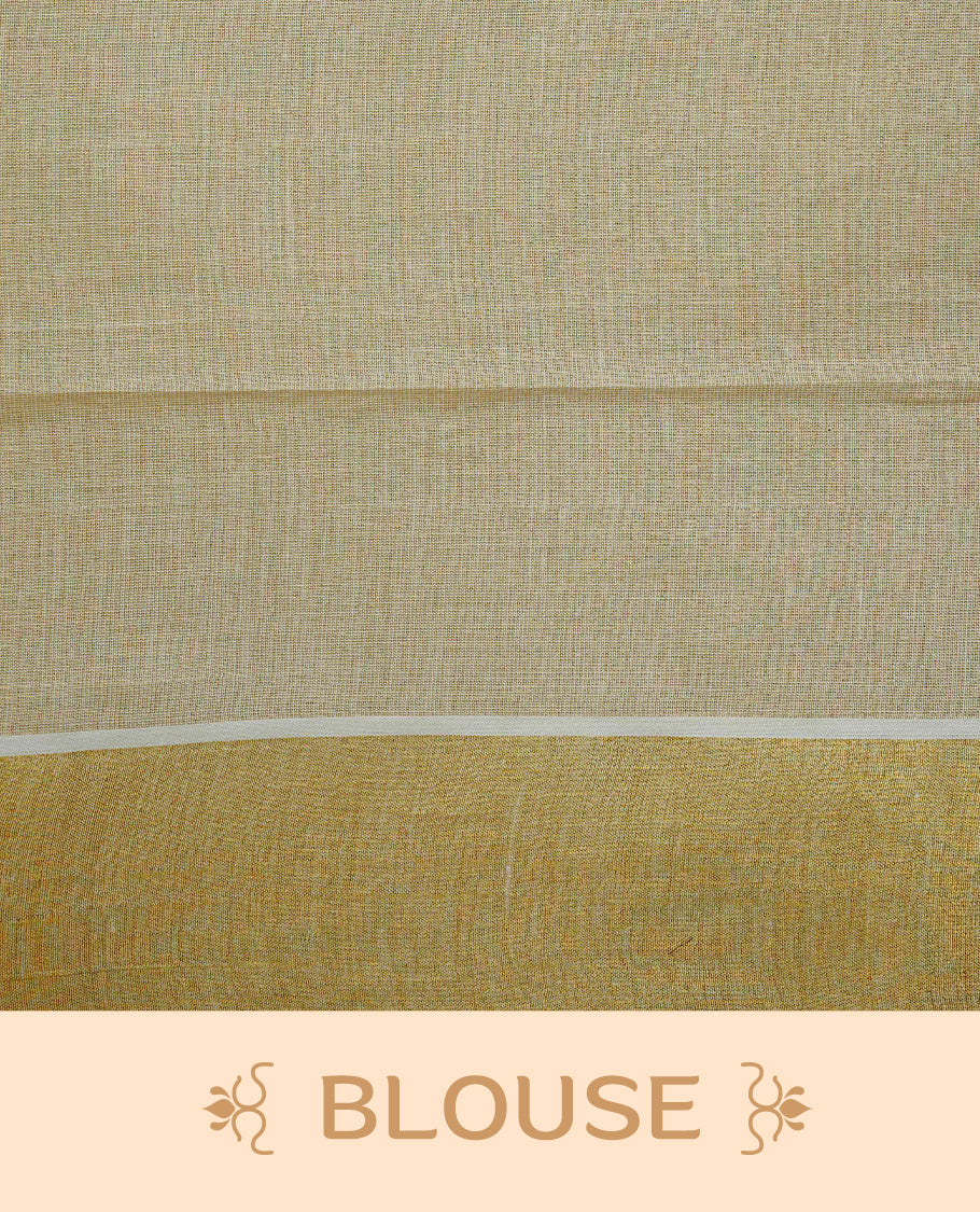 Cream colour Tissue kerala saree featuring Embroidery buttas on body, complemented by Floral plant  thread work & kasavu kara, comes with matching blouse piece.