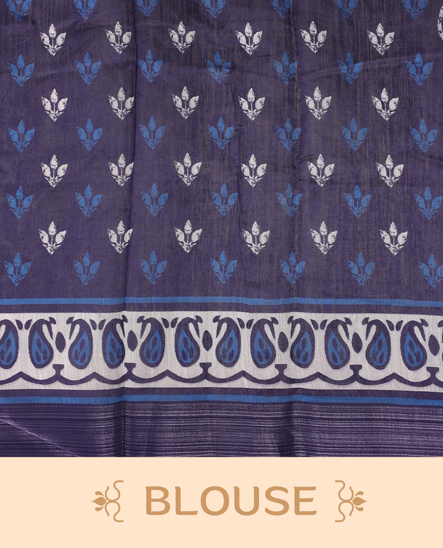 Navy Blue colour cotton saree featuring traditional white and blue hand block prints across the body, highlighted with artistic motifs and a contrasting patterned border, paired with a matching blouse.