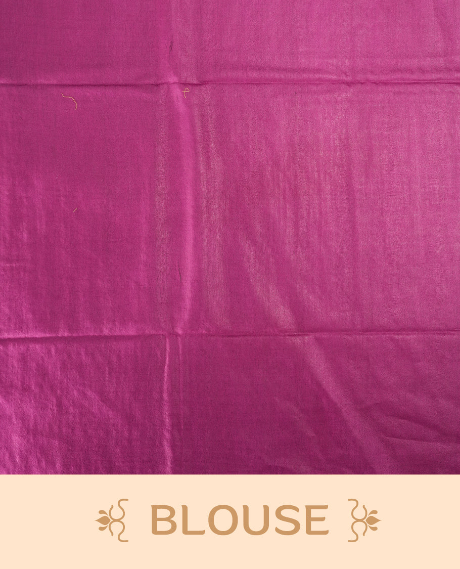 Magenta colour semi jute saree featuring subtle woven patterns and fine thread striped detailing, finished with tassels on the pallu & Comes with a matching blouse piece for a graceful traditional look.