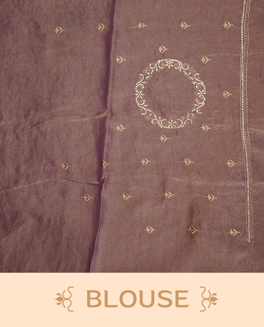 Purple colour organza saree featuring thread & gold stone pattern on body, highlighting scalp border, paired with Matching blouse piece.
