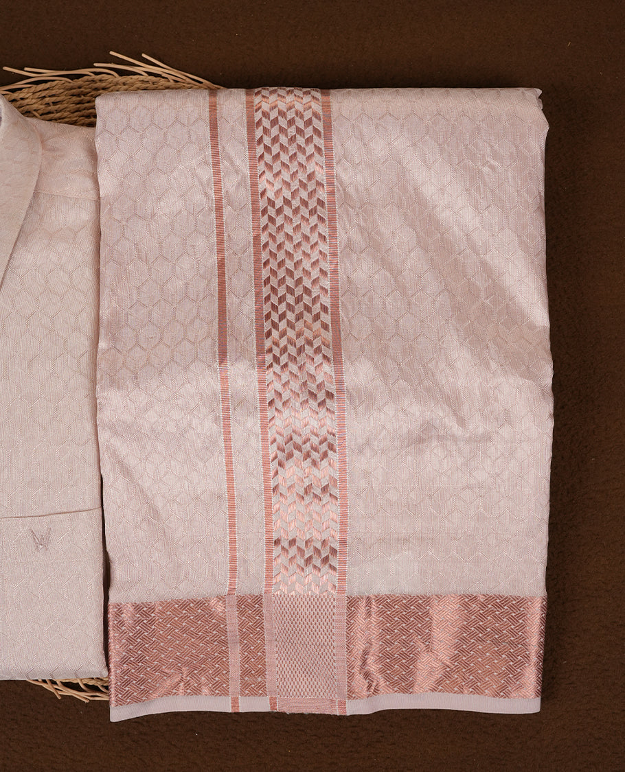 Light Copper colour Minister White traditional men's shirt paired with a matching dhoti with a rose gold border.