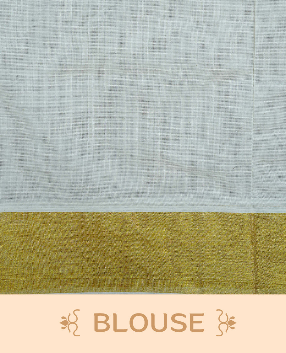 Cream Colour Cotton Kerala Saree Featuring Digital Floral  Motifs On Body, With A Classic Gold Zari Border & A Gold Zari Pallu, Paired With A Matching Blouse Piece.