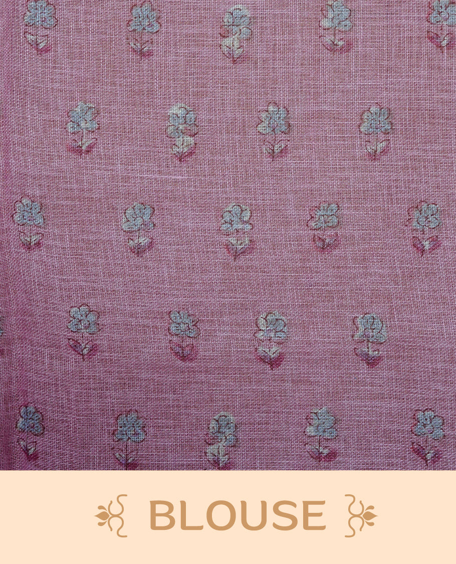Cream colour semi linen saree featuring Floral printed buttas on body, complemented by contrast Pink colour border, comes with matching blouse piece.