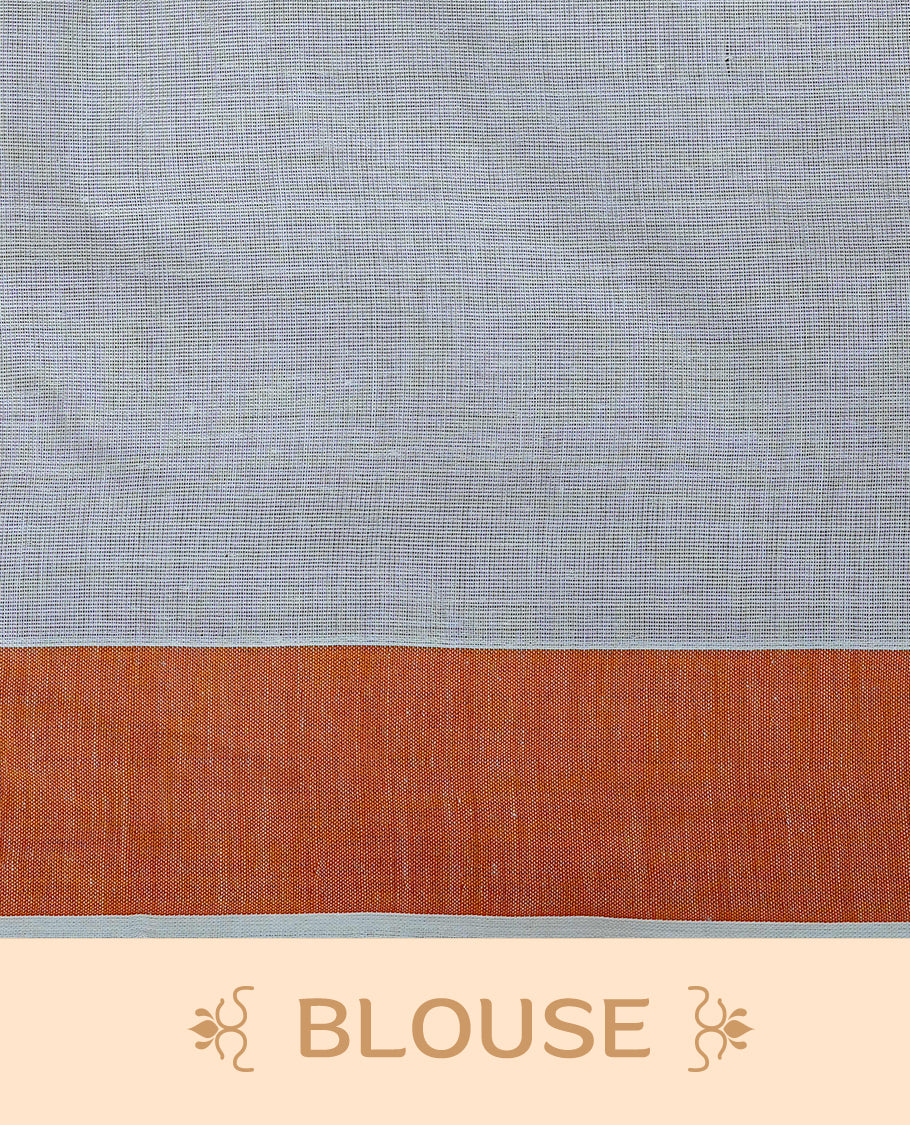 Cream colour Cotton Kerala saree Featuring Classy Plain body for Effortless Elegance, enhancing Orange with Peacock Printed border, paired with matching blouse piece.