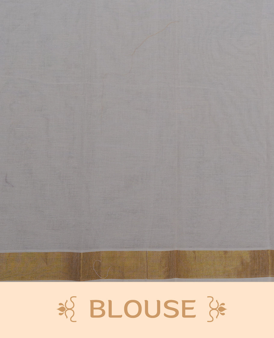 Cream colour cotton Kerala saree featuring Floral Thread work buttas body, complemented by gold kasavu Border, comes with matching blouse piece.