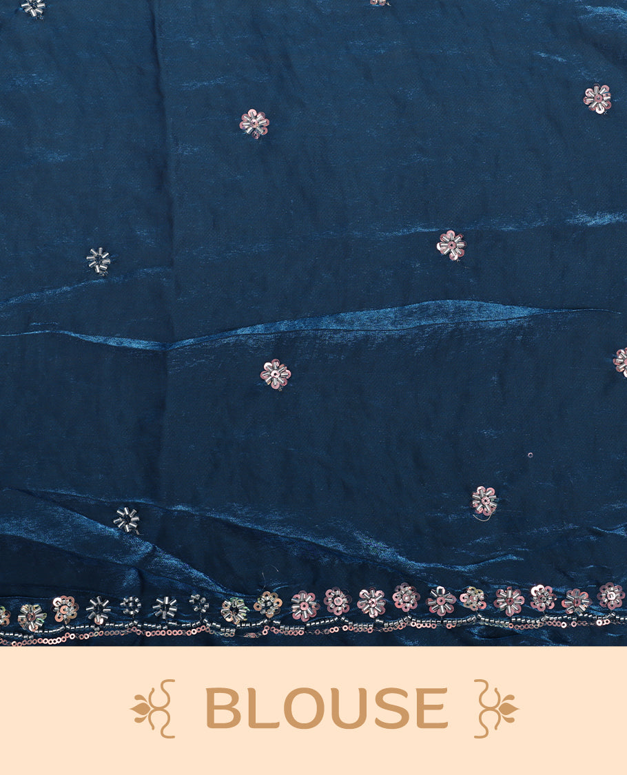 Blue colour designer saree featuring Sequins & cut beats worked body, cut beat worked border, paired with matching unstitched blouse.