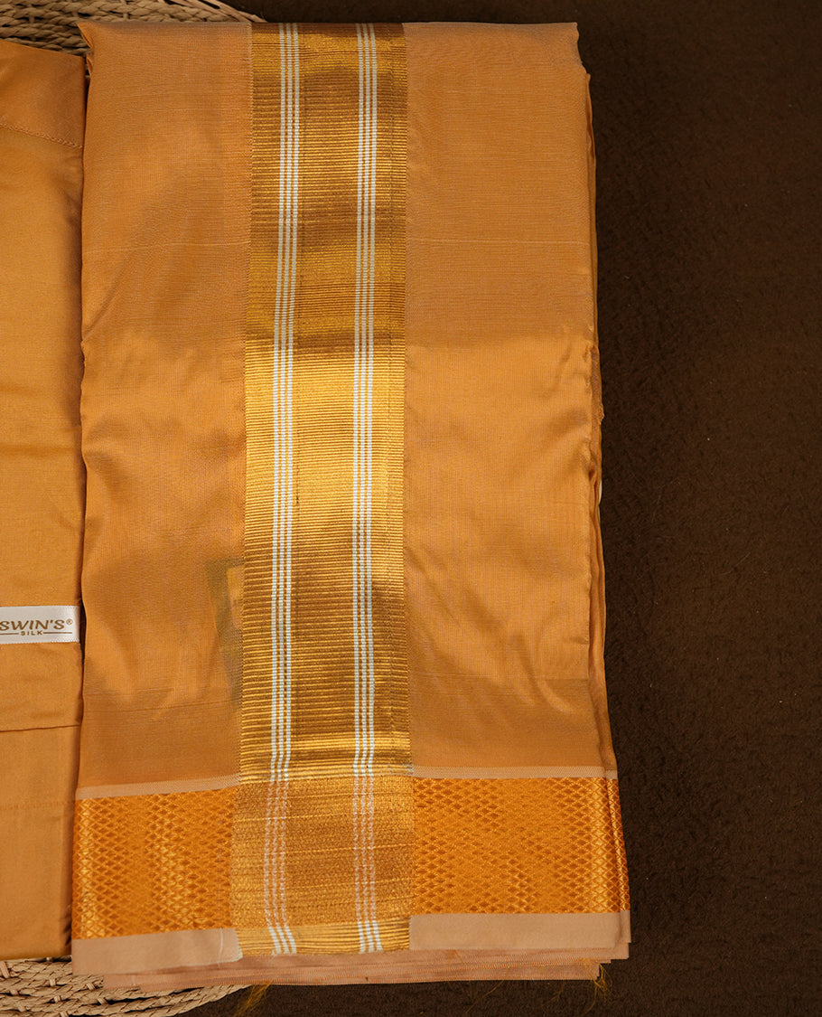 Gold colour Aswin’s wedding set featuring a refined silk shirt and matching dhoti with gold  zari detailing, crafted for timeless elegance and perfect for traditional weddings and festive occasions.