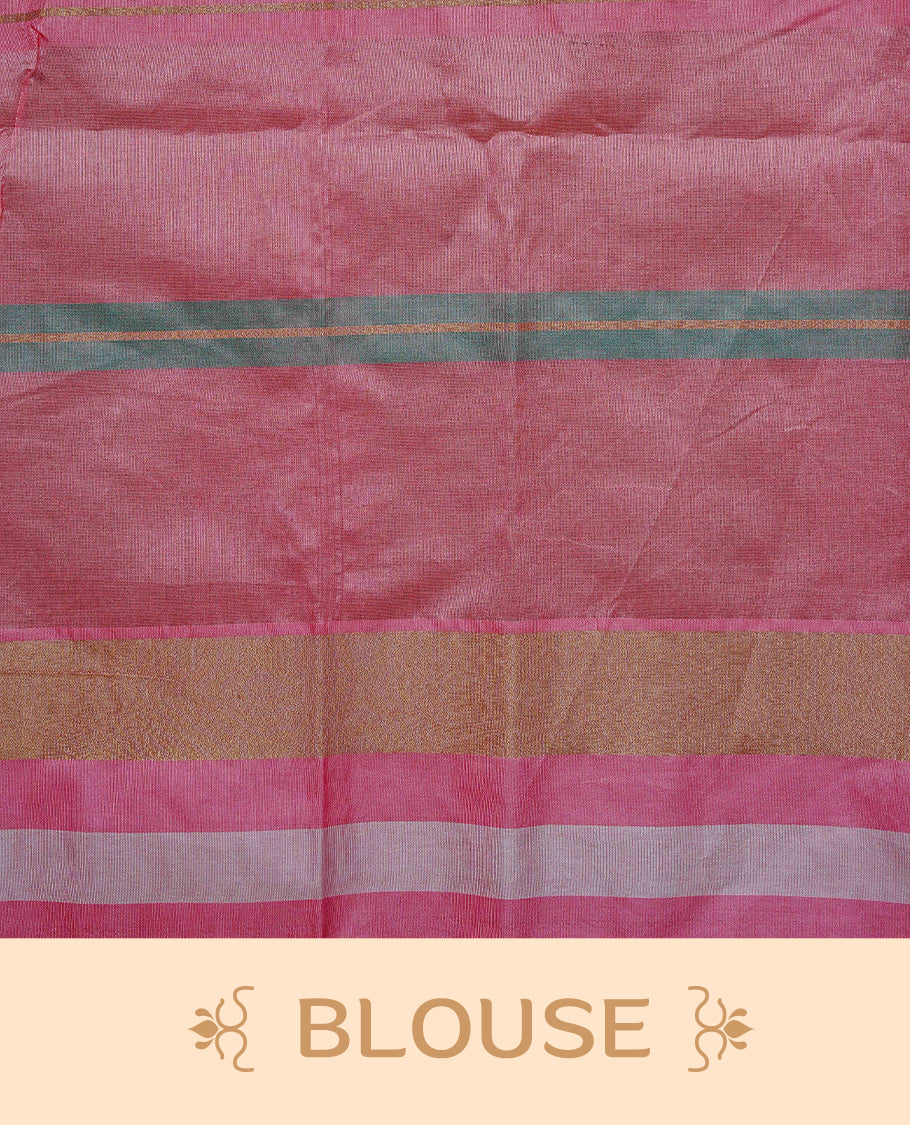 Cream colour Cotton kerala Saree featuring Pink, Gold zari and green colour striped body, Elegant borderless, comes with matching blouse piece.