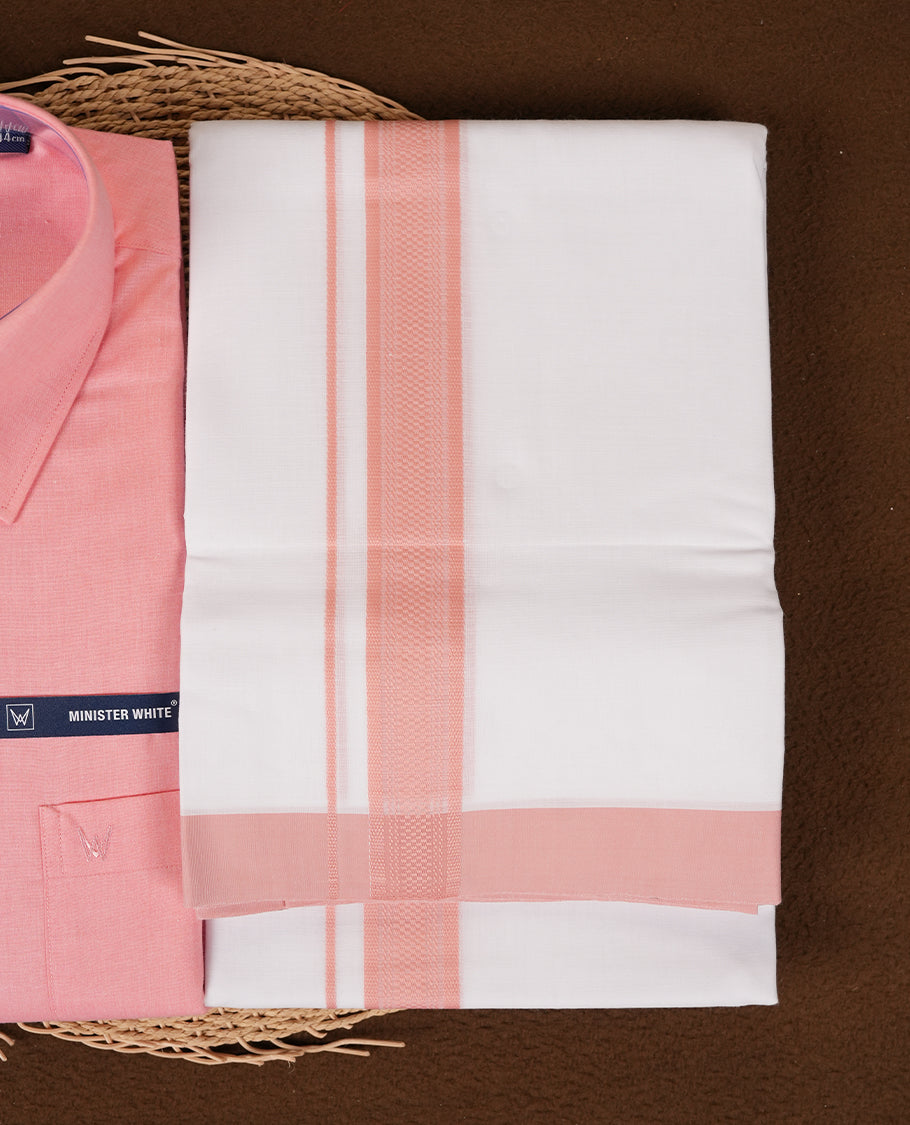 Pink Colour traditional men's shirt and dhoti set from Minister White with Liberty Cut collar.