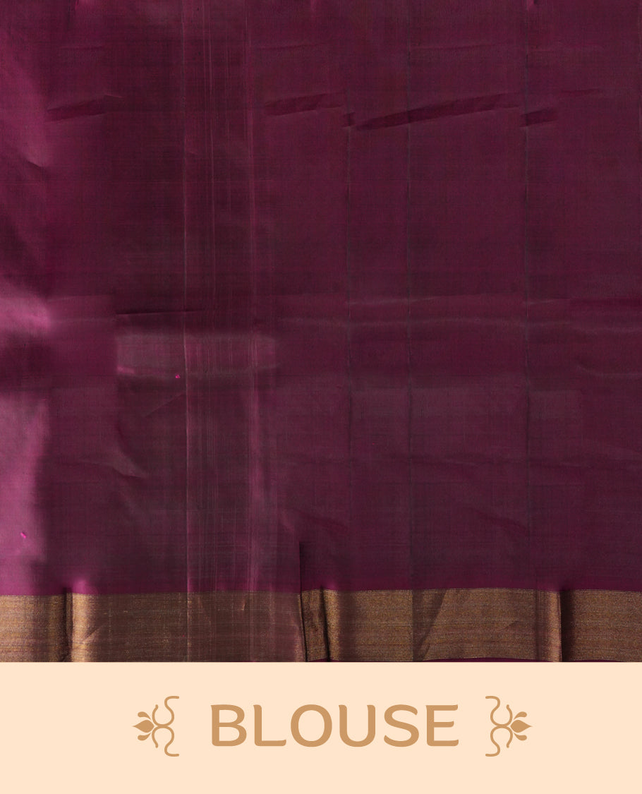 Brown colour soft silk saree adorned with tiny golden buttas, complemented by a rich purple border and pallu with elegant zari designs & Paired with a matching blouse.