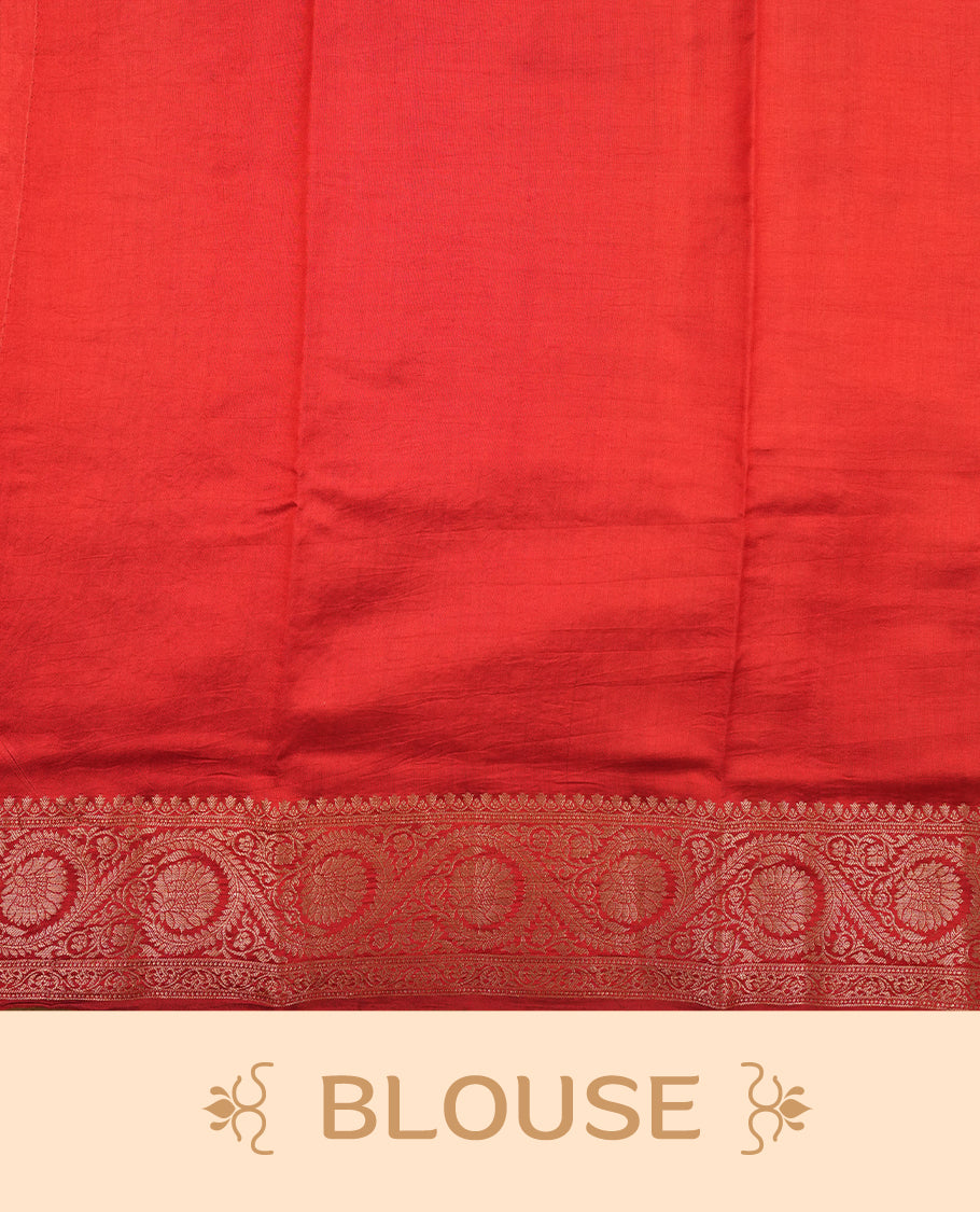 Cream beige Banaras soft silk saree with gold zari oval motifs on body, with contrast Red colour floral pattern on pallu, border, and Matching blouse.