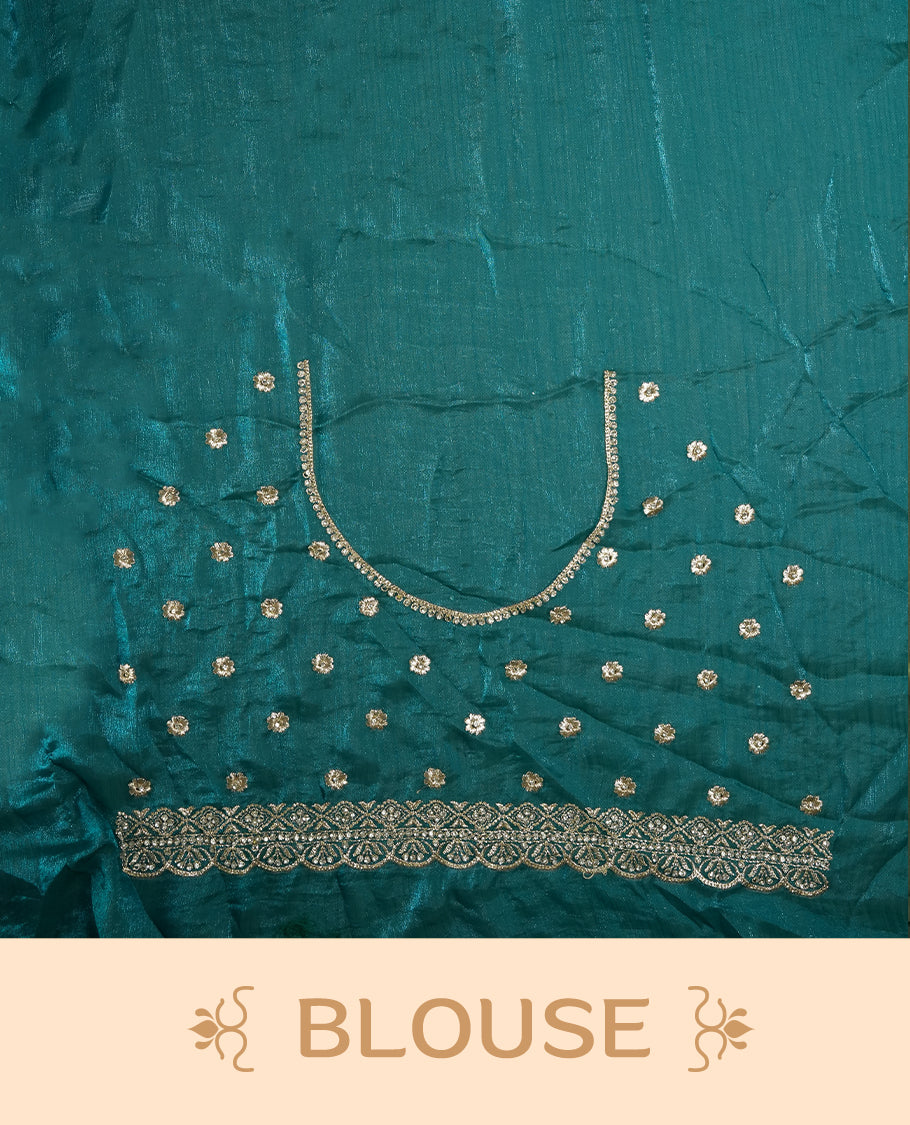 Sky blue colour velvet chiffon designer saree in elegant two tone shades, featuring light gold zari, kodi work with handwoven style thread aari & dori embroidery work, Swarovski stone work and all over motifs, comes with matching blouse.