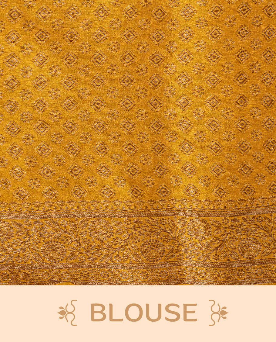 Yellow colour Semi banaras tussar georgette Saree featuring Antique zari motifs on body, enhanced with antique zari border, paired with a matching blouse piece.