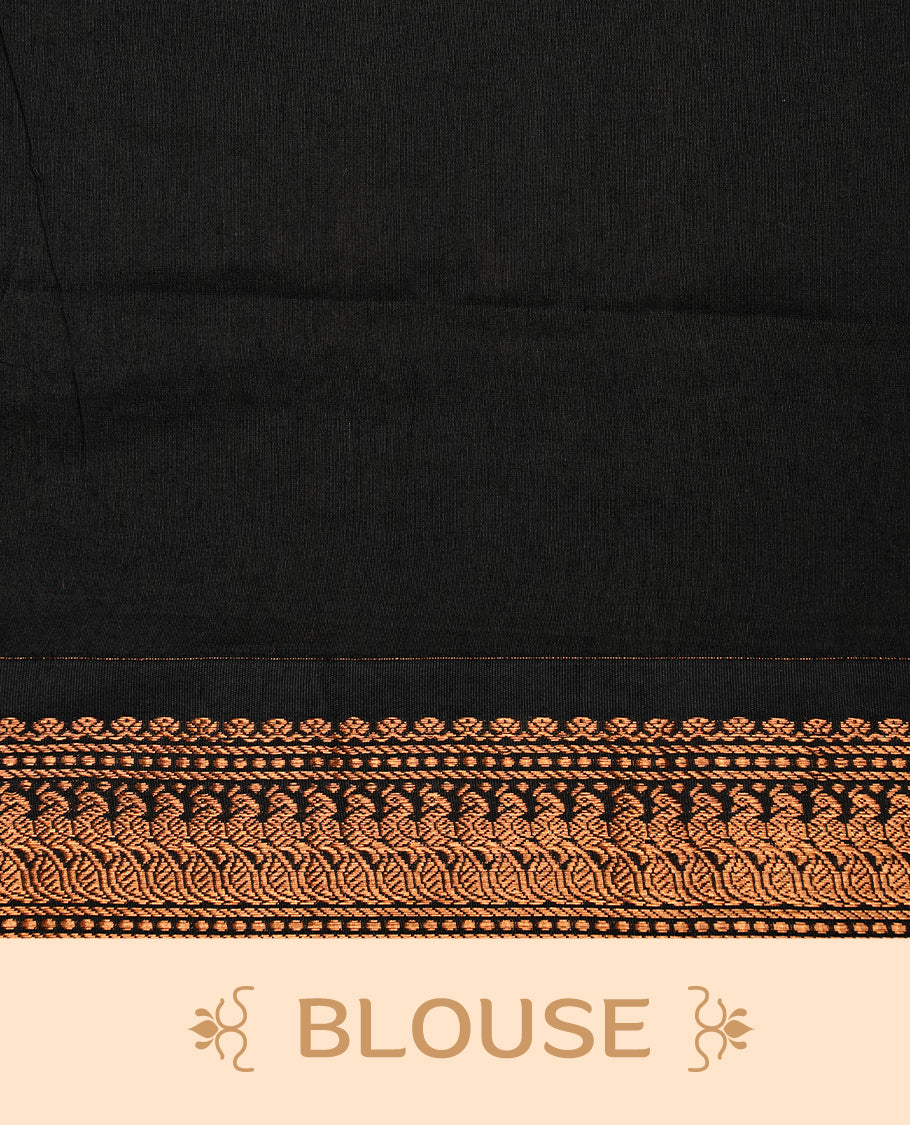 Mustard colour kalyani cotton saree featuring gold zari motifs on body, highlighting contrast Black colour with Antique gold zari border, paired with matching blouse piece.