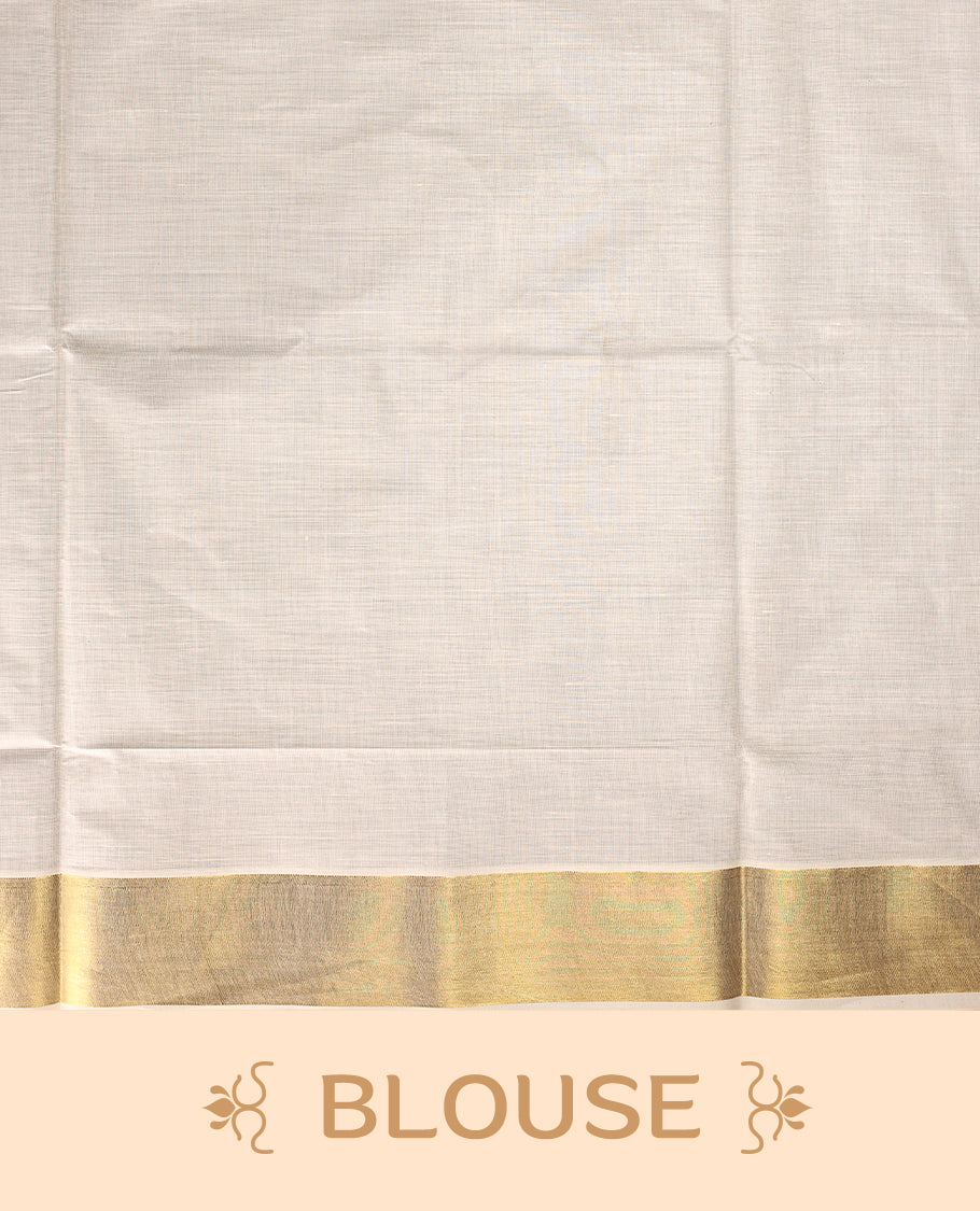Graceful Kerala Kasavu saree with golden zari motifs and richly woven pallu, the ivory base and elegant border make it perfect for festive and traditional occasions, Pair with temple jewelry for a classic look.