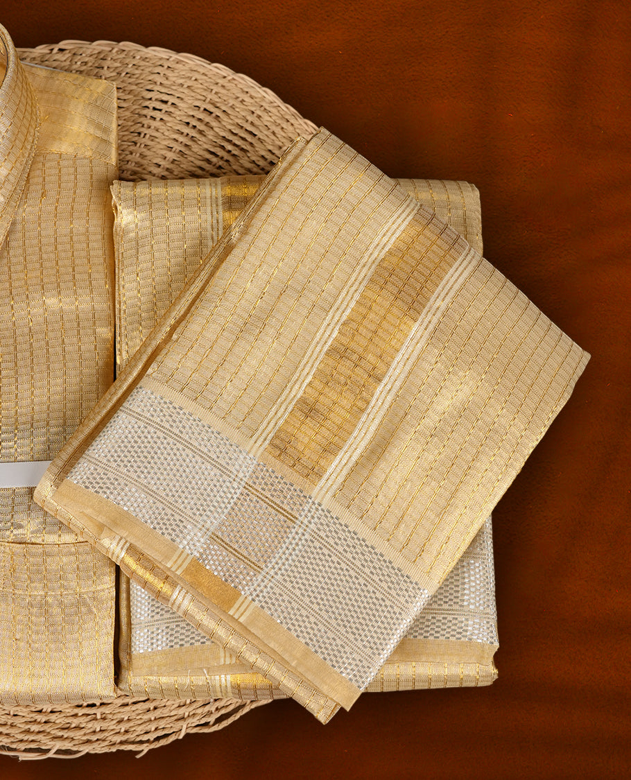 Elegant Gold  shirt & dhoti set by PASUTHI with rich zari weave and elegant shin, Ideal for weddings, functions & festive gifting & Includes towel, vibhuti & attar in a premium gift box.