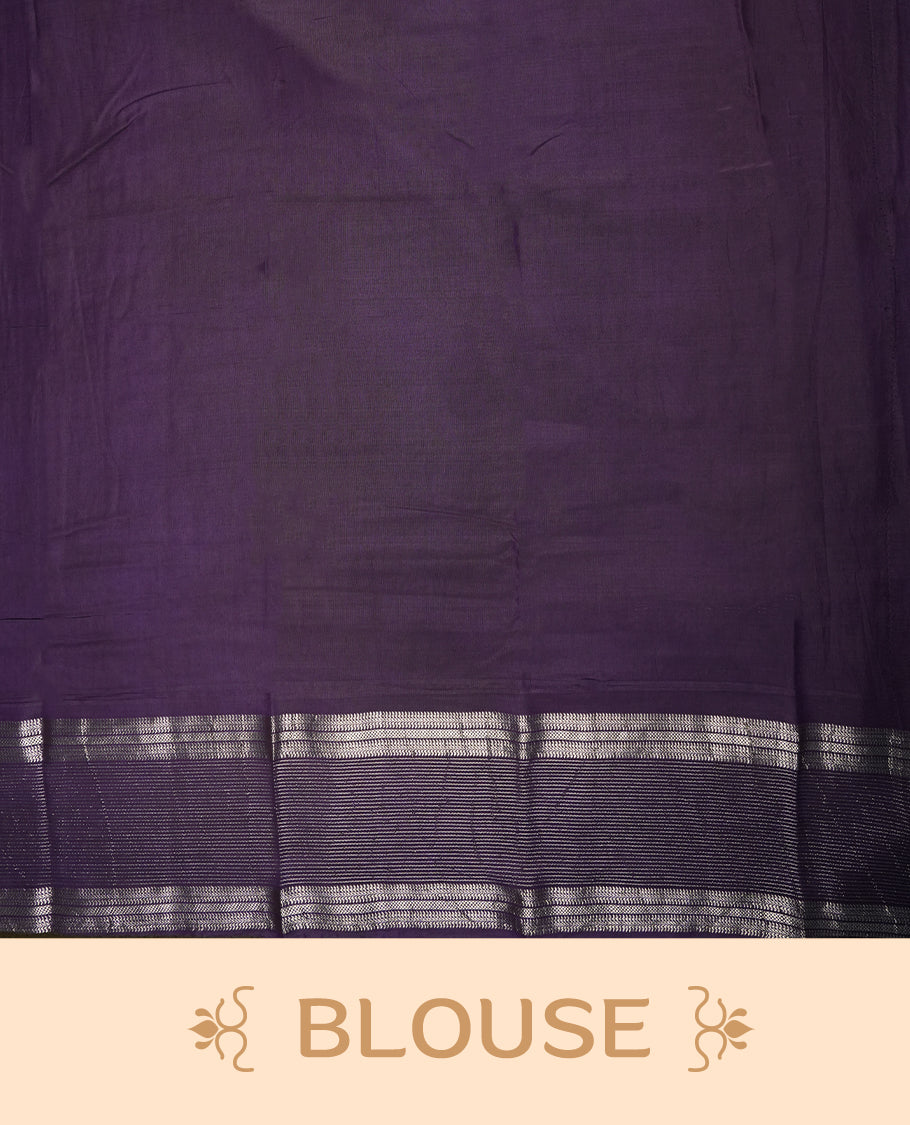 Mustard yellow colour mixed chanderi cotton saree with plain body, deep purple pallu and border with silver zari geometric motifs, and matching purple blouse.
