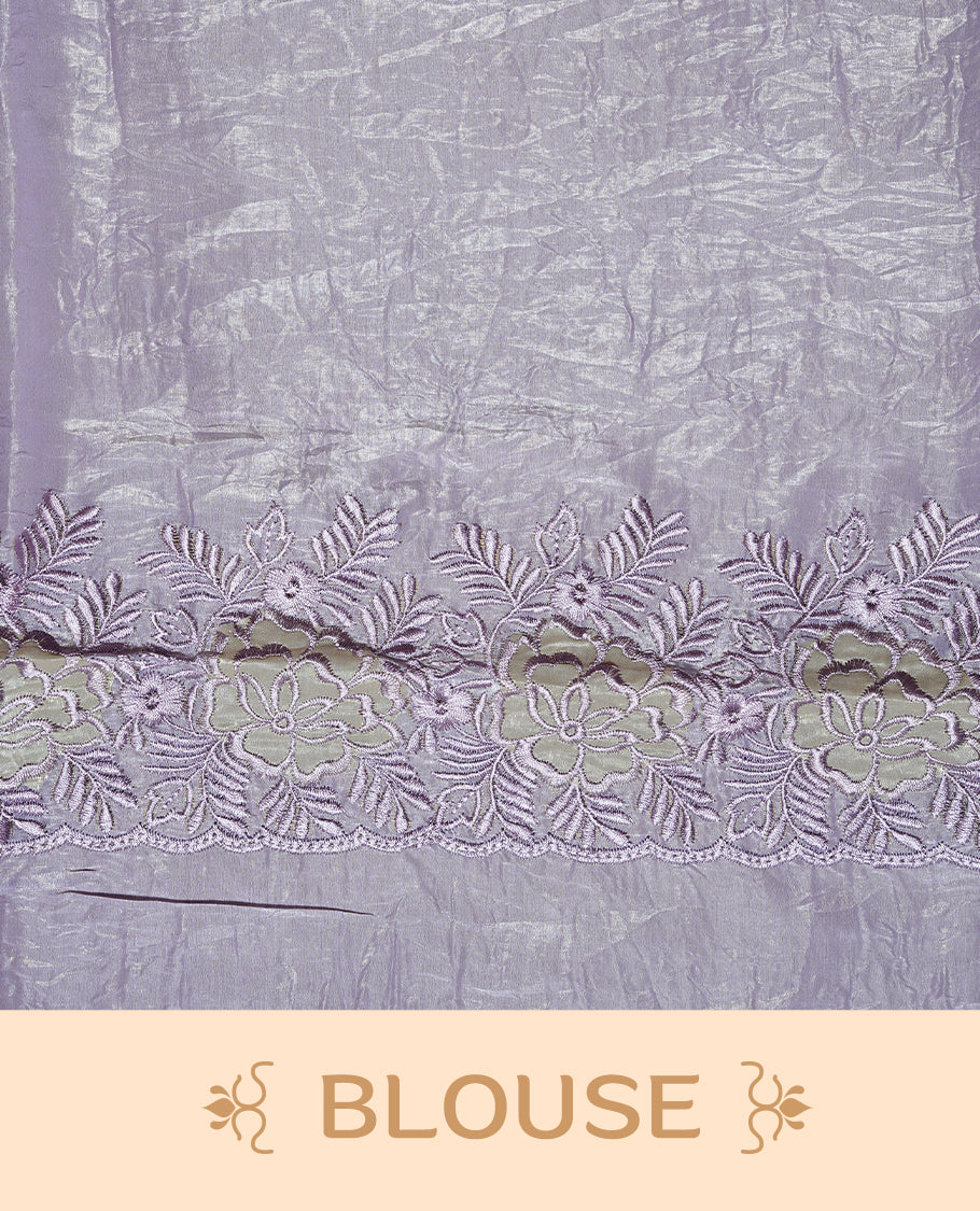 Pastel purple colour Crush Organza Featuring Plain body, Enrich with Floral thread pattern & scalp border, paired with matching blouse piece.