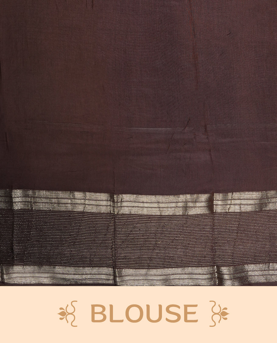 Dusty pink and brown colour mixed chanderi cotton saree with plain body, deep brown pallu, silver zari striped border, matching brown blouse.