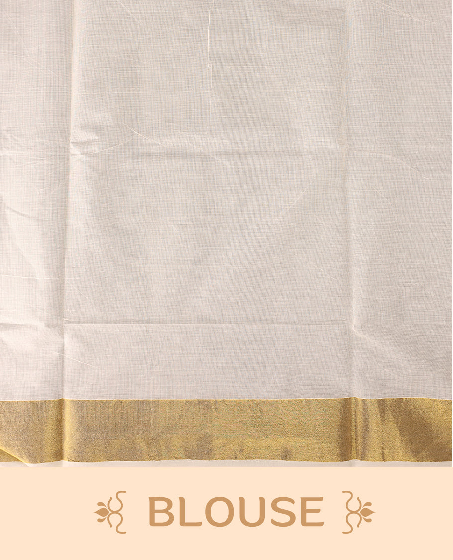 Traditional Kerala Kasavu saree in ivory with golden zari paisley motifs and a rich pallu, The graceful drape is perfect for festivals and weddings, Style with gold accessories for an elegant ethnic look.