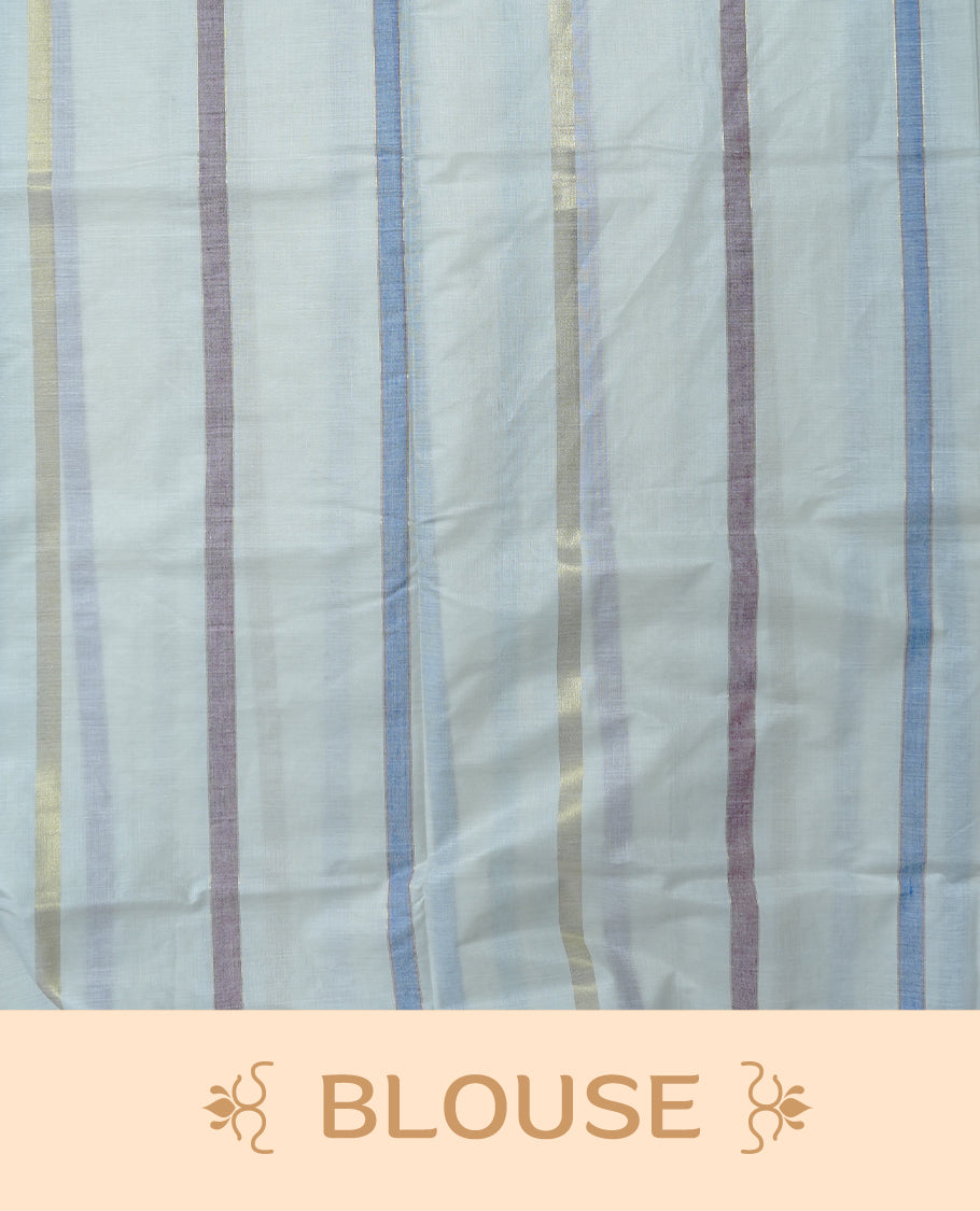 Cream Colour Cotton Kerala Saree Featuring  Blue & Light Purple Strips On The Body & Pallu, Paired With A Matching Blouse Piece.