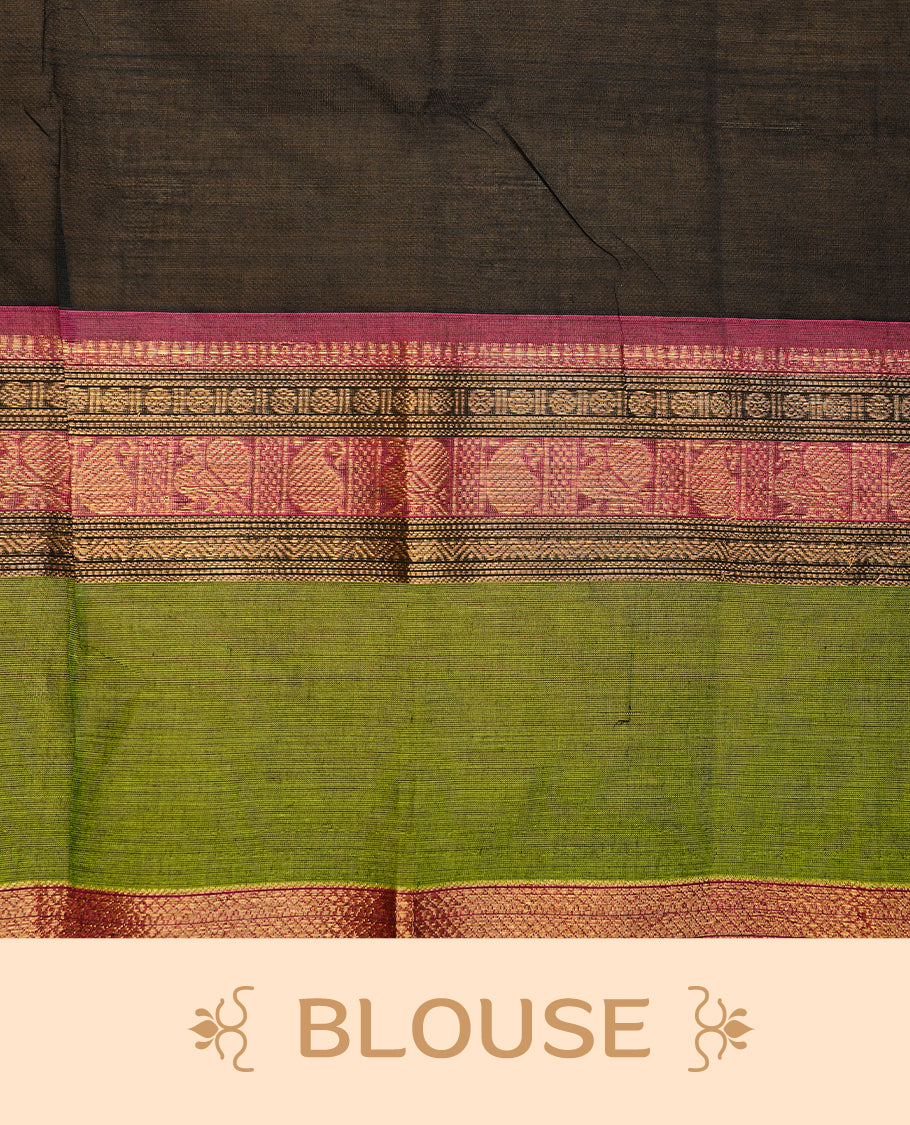 Black colour chettinad cotton saree featuring gold zari motifs on body, complemented by magenta & green colour with zari border, paired with matching blouse piece.