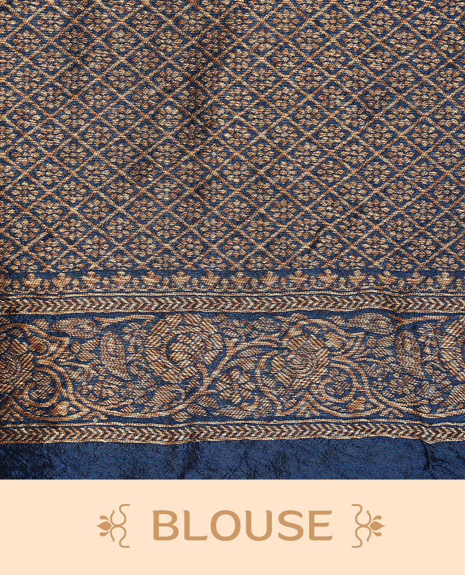 Persain Blue colour Banarasi Bandhani silk saree featuring intricate antique zari circle Buttas across the body, complemented by an elegant antique zari border. Comes paired with a matching blouse piece