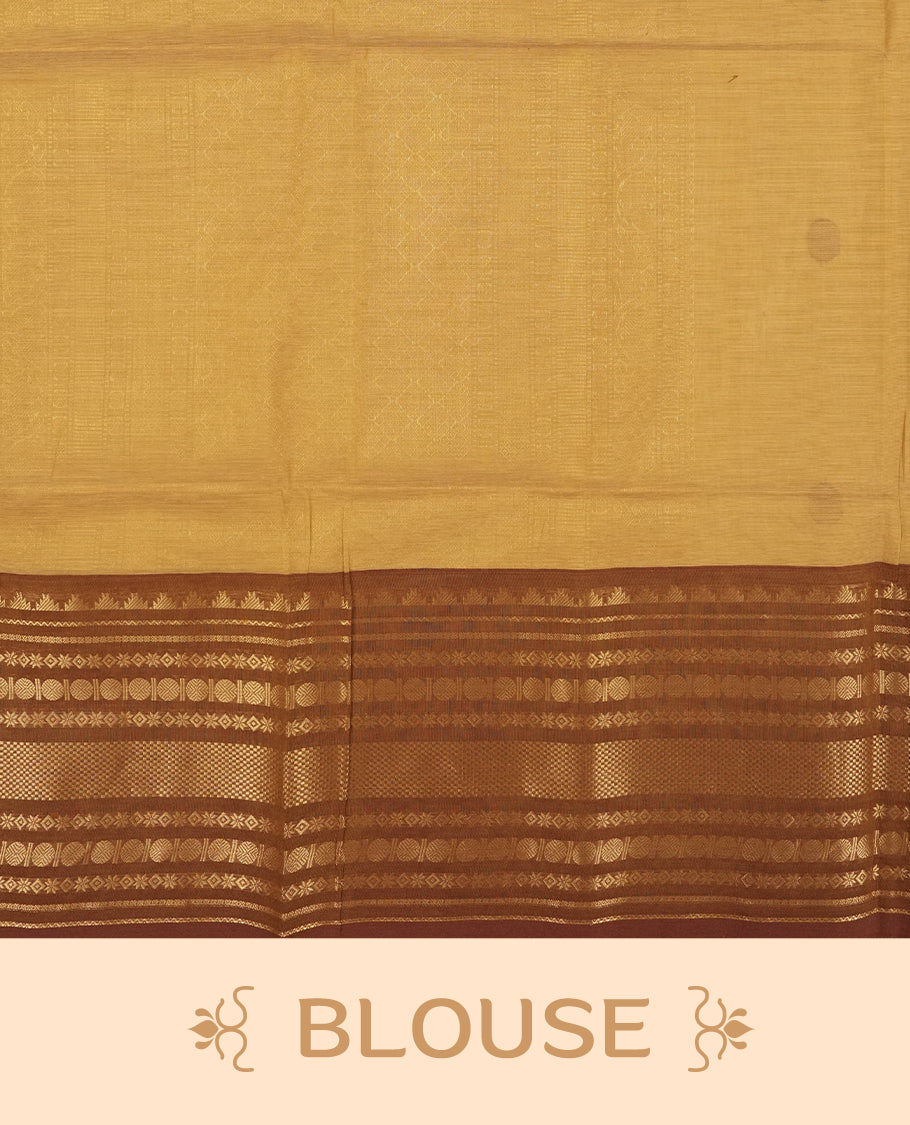 Pastel brown colour Chettinad cotton saree featuring intricate dark contrast golden zari weaving on the border , The rich traditional motifs add a regal charm & Comes with a matching blouse piece.