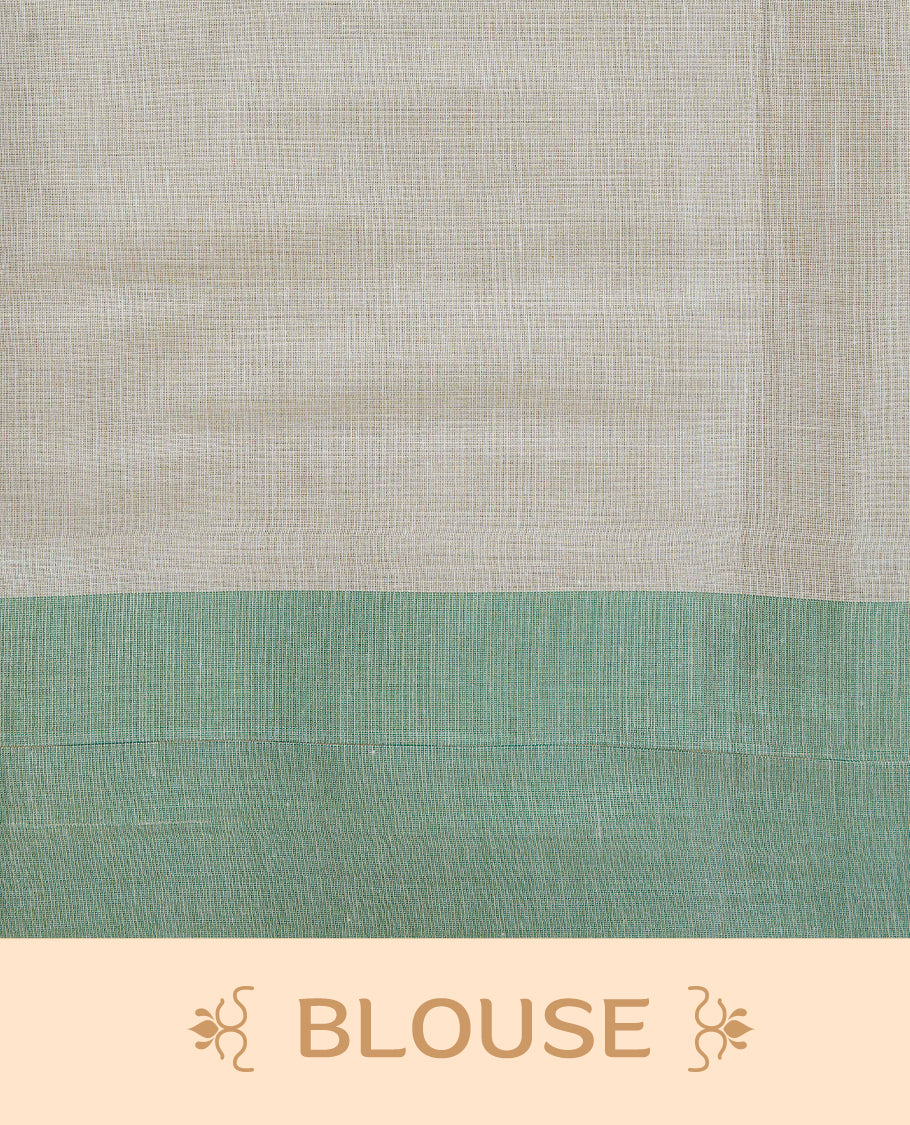 Cream Colour Tissue Kerala Saree Featuring a Plain Body, Enhanced with Green Block  Printed Borders, a Green and Gold Zari Pallu, Green Tassels, and a Matching Blouse Piece.