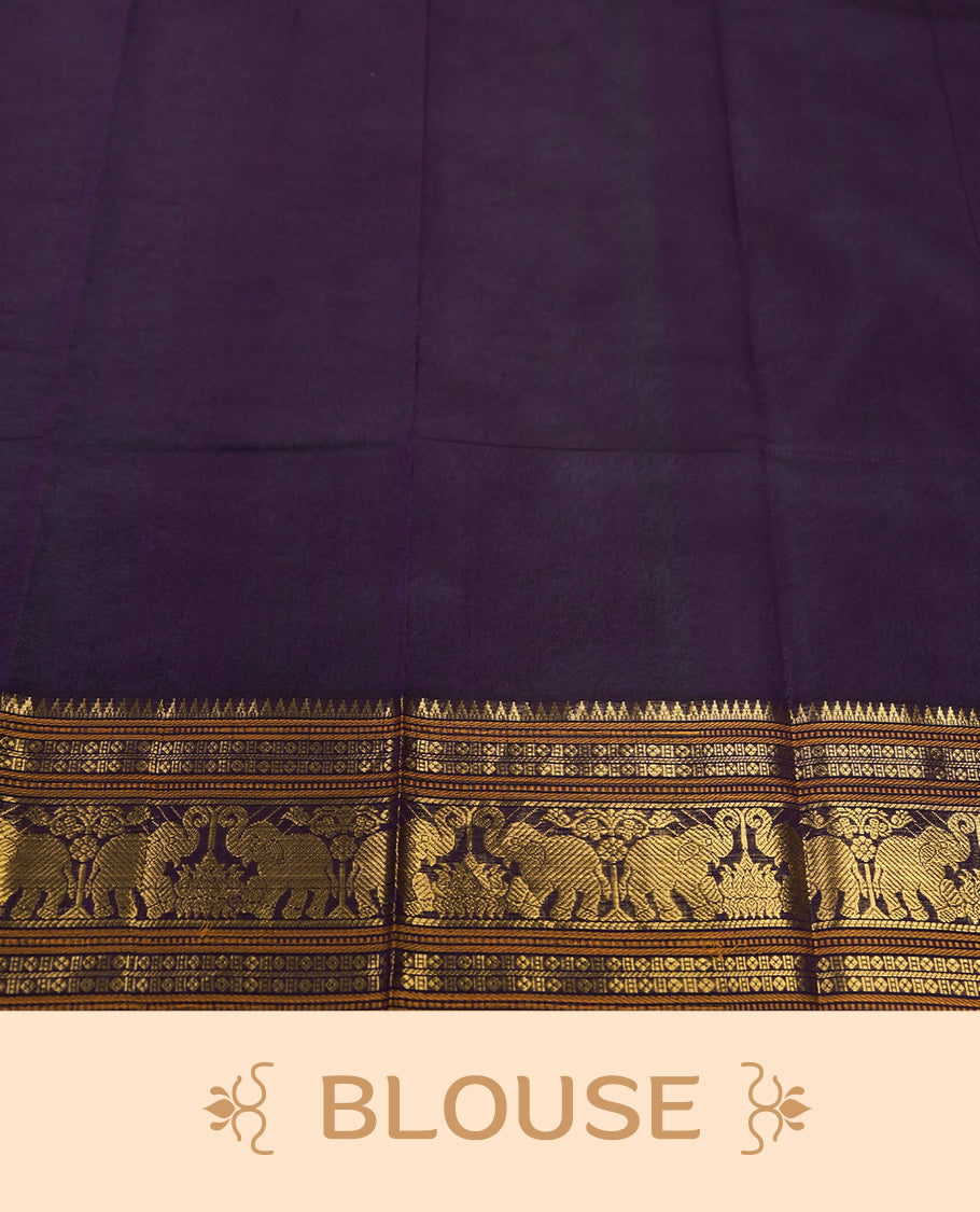 Navy blue Pure Kanchi cotton saree featuring all over checks with floral buttas, accentuated by a striking zari border woven with majestic elephant motifs, blending heritage charm with elegance.