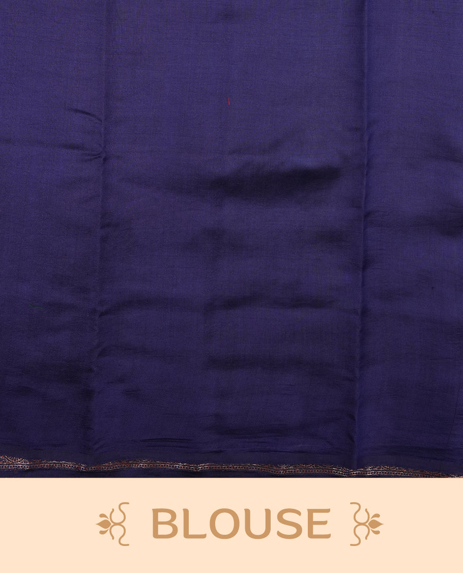 Aqua blue Banaras soft silk saree with gold zari motifs on body, with contrast Dark blue colour floral pattern on pallu, border, and Matching blouse.