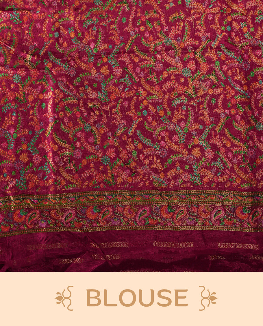 Black Pashmina Silk Saree with Plain Body, Accented by Vibrant Multicolor Embroidered Elephant, Horse, and Floral Motifs on Rich Pink-Green Zari Border & Grand Pallu, Paired with Matching Blouse Piece