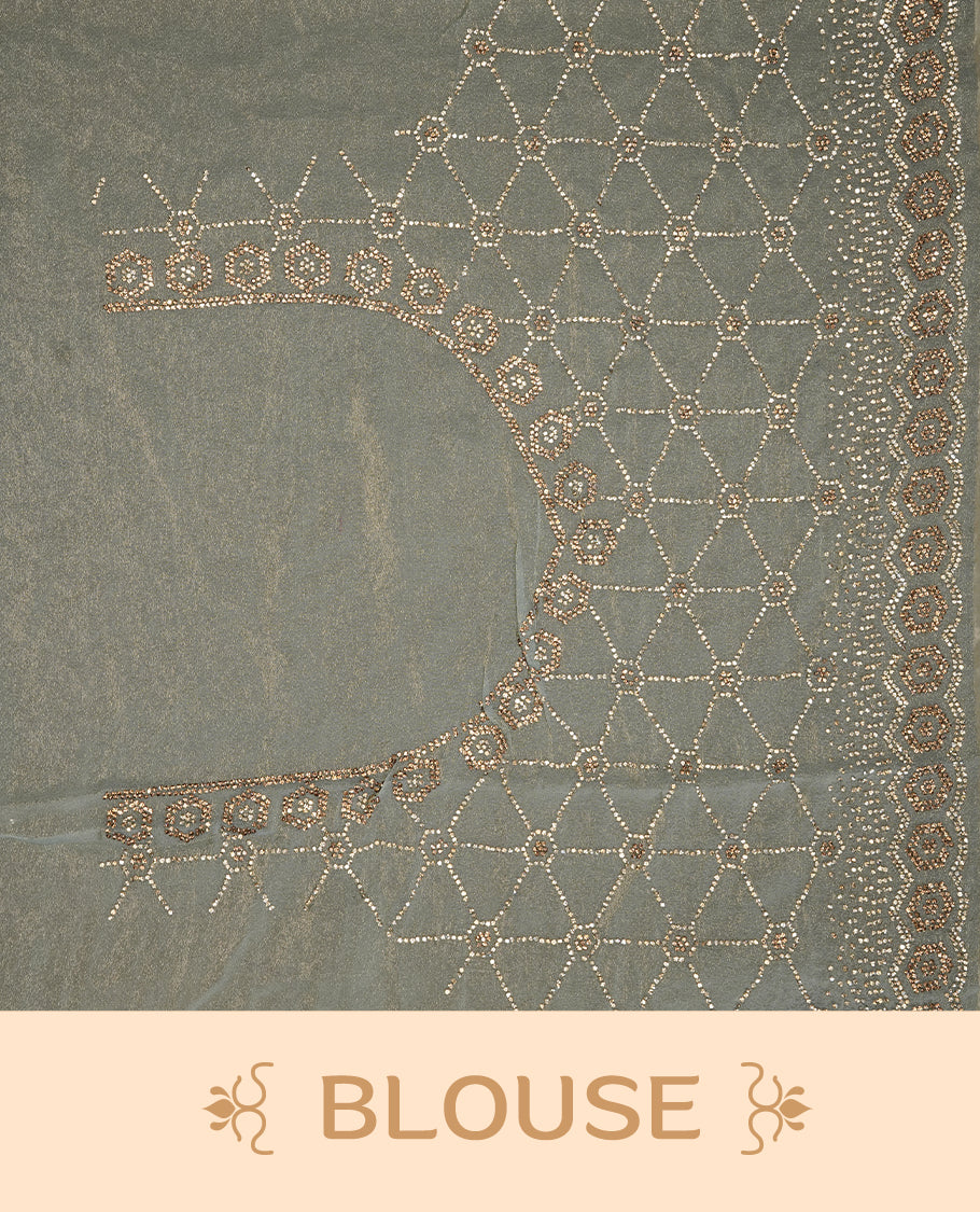 Mint colour designer saree featuring gold & white stone worked body and border, paired with matching blouse piece.
