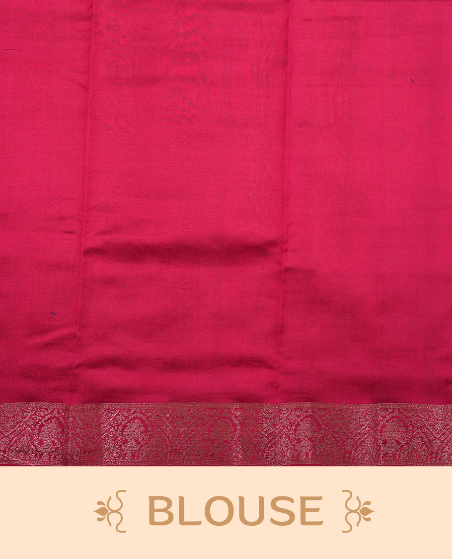 Pink Banaras soft silk saree with gold stripes with square motifs on body, with contrast magenta colour floral pattern on pallu, border, and Matching blouse.