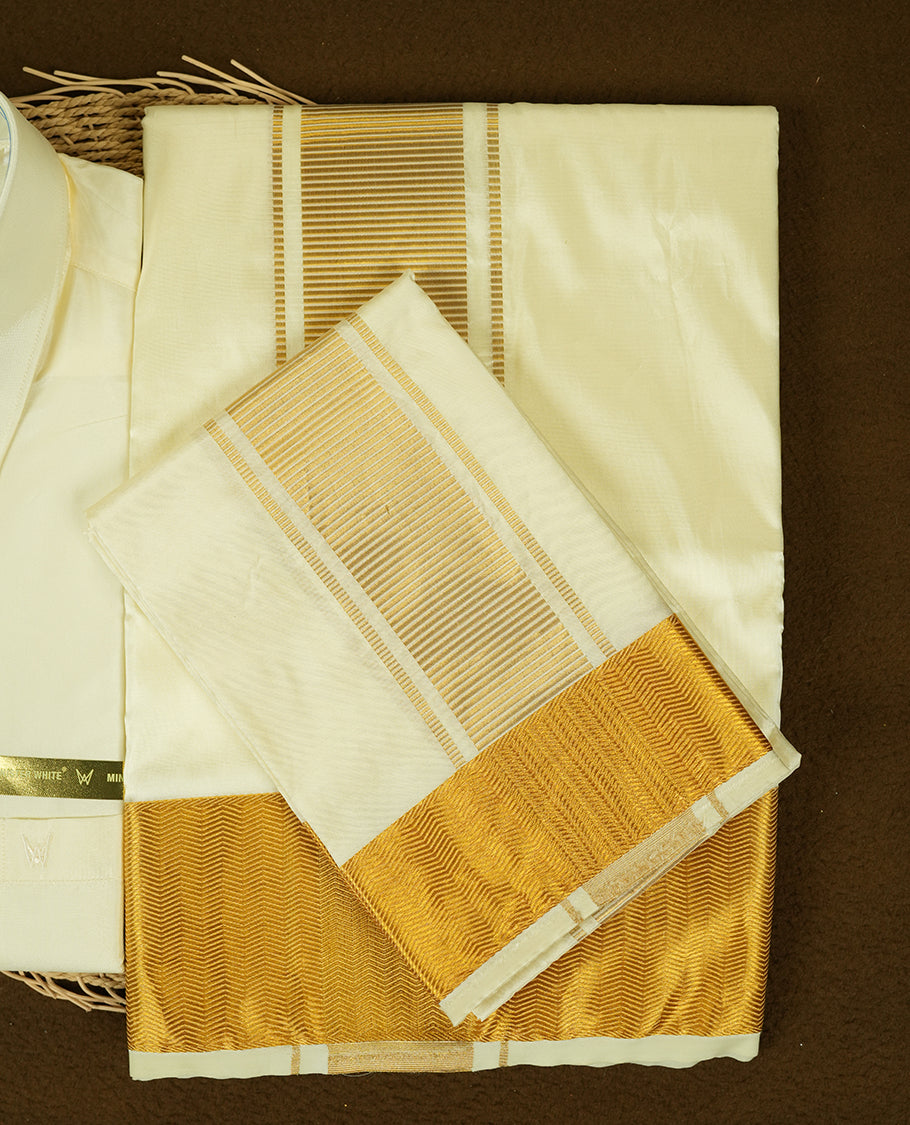 Cream Gold coloured silk wedding shirt, dhoti, and towel set from MINISTER WHITE, featuring a gold zari border.