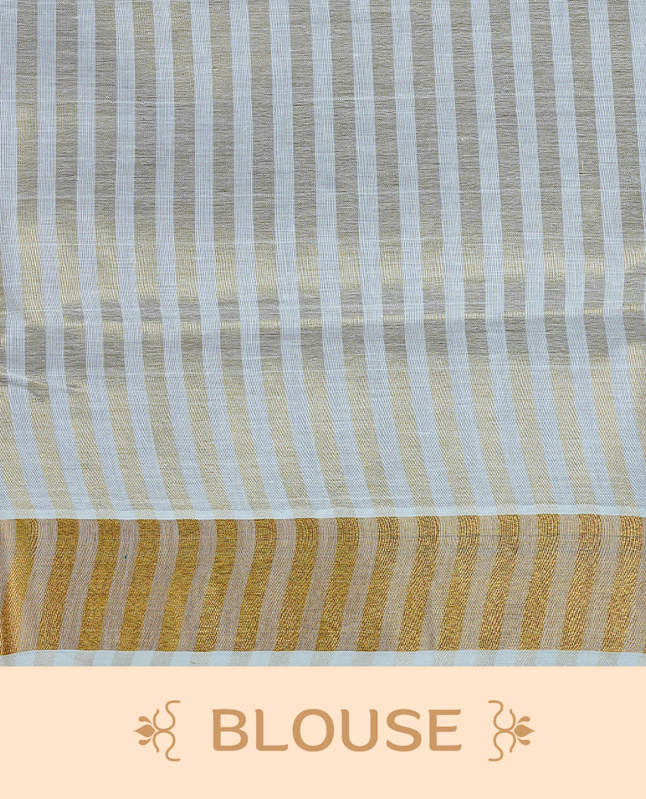 Cream colour Kerala saree featuring Gold zari Stripped body, enrich by Classy zari Border, pallu ,comes with matching blouse piece.