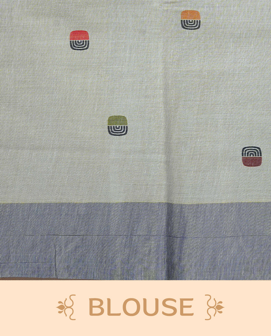 Cream colour Tissue kerala saree featuring Classy Multi colour Box pattern on body, Styled by blue & gold zari border and pallu, comes with matching blouse piece.