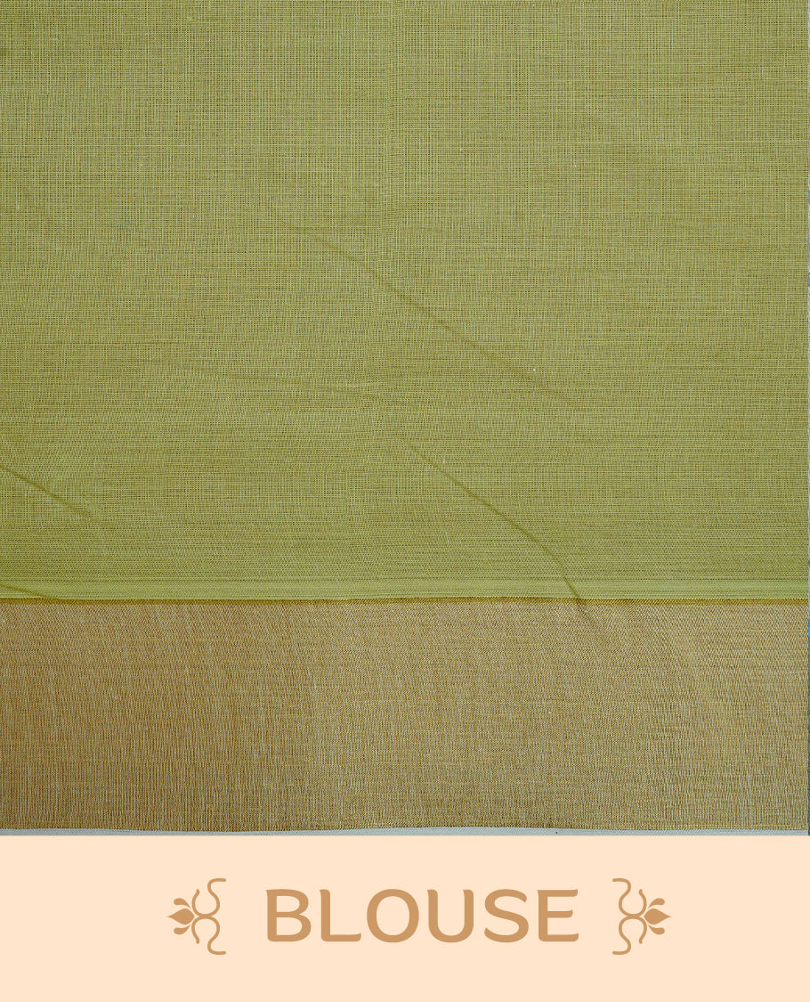Cream Colour Cotton Kerala Saree Featuring Delicate Wheat Motifs and Scattered Leaf Designs On Body, Enhanced with a Classic Gold Zari Border. The Pallu Is Finished with Light Green Tassels and Paired with a Matching Blouse Piece.