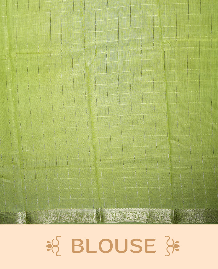 Lime green colour mixed chanderi cotton saree with vertical striped body, pallu featuring rose gold zari border, and matching blouse.