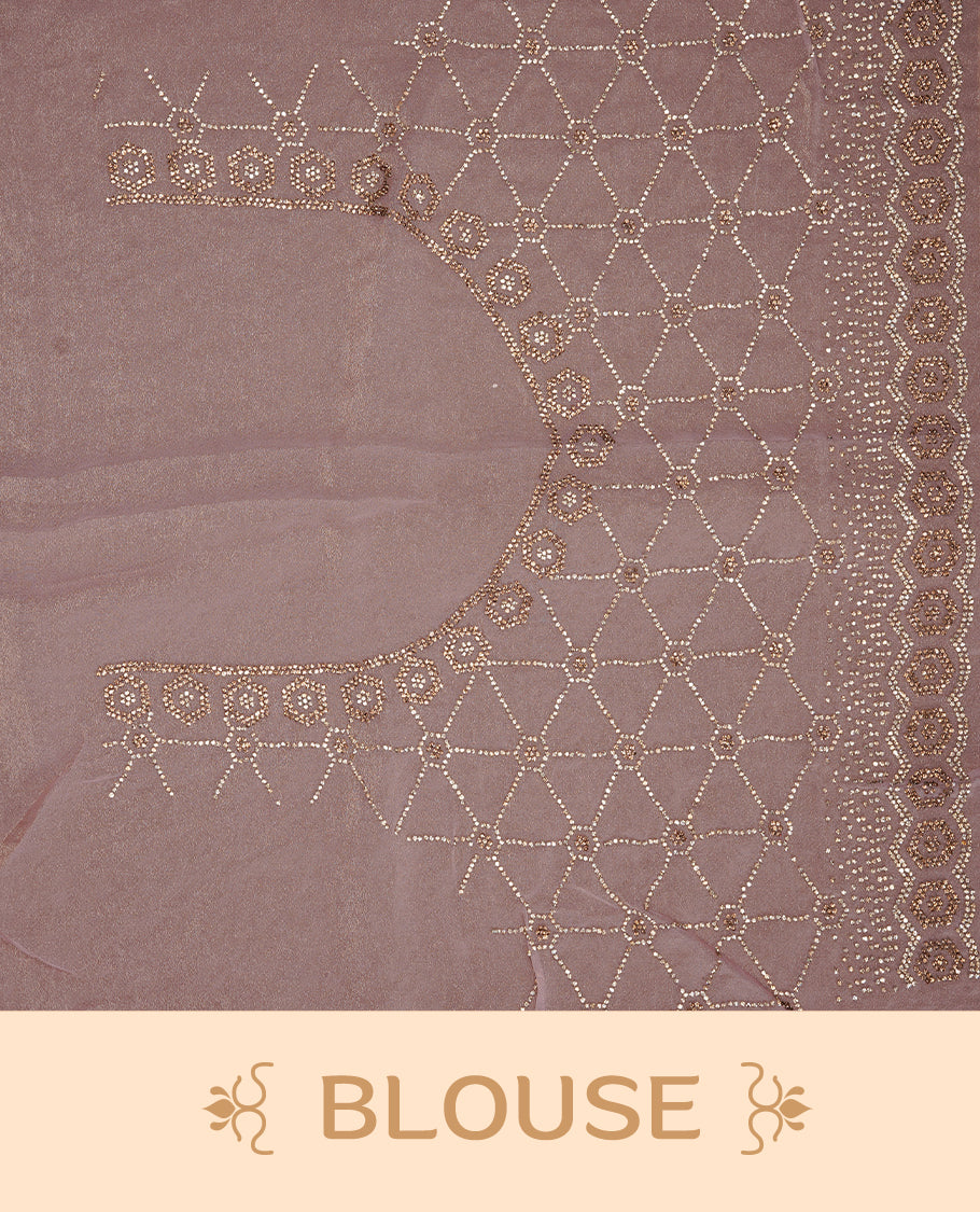 Pink colour designer saree featuring gold & white stone worked body and border, paired with matching blouse piece.
