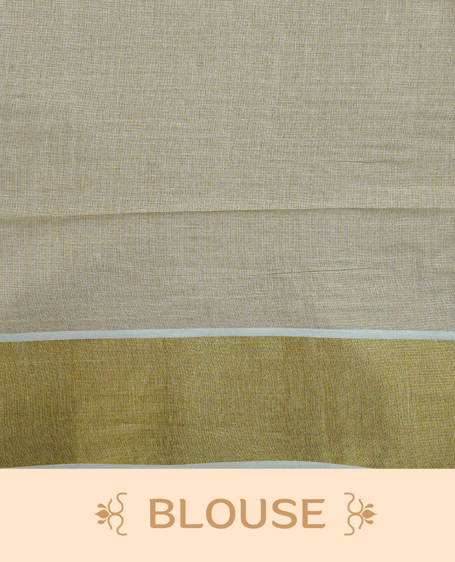 Cream colour Tissue kerala saree featuring Embroidery buttas on body, complemented by Floral kodi thread work & kasavu kara, comes with matching blouse piece.