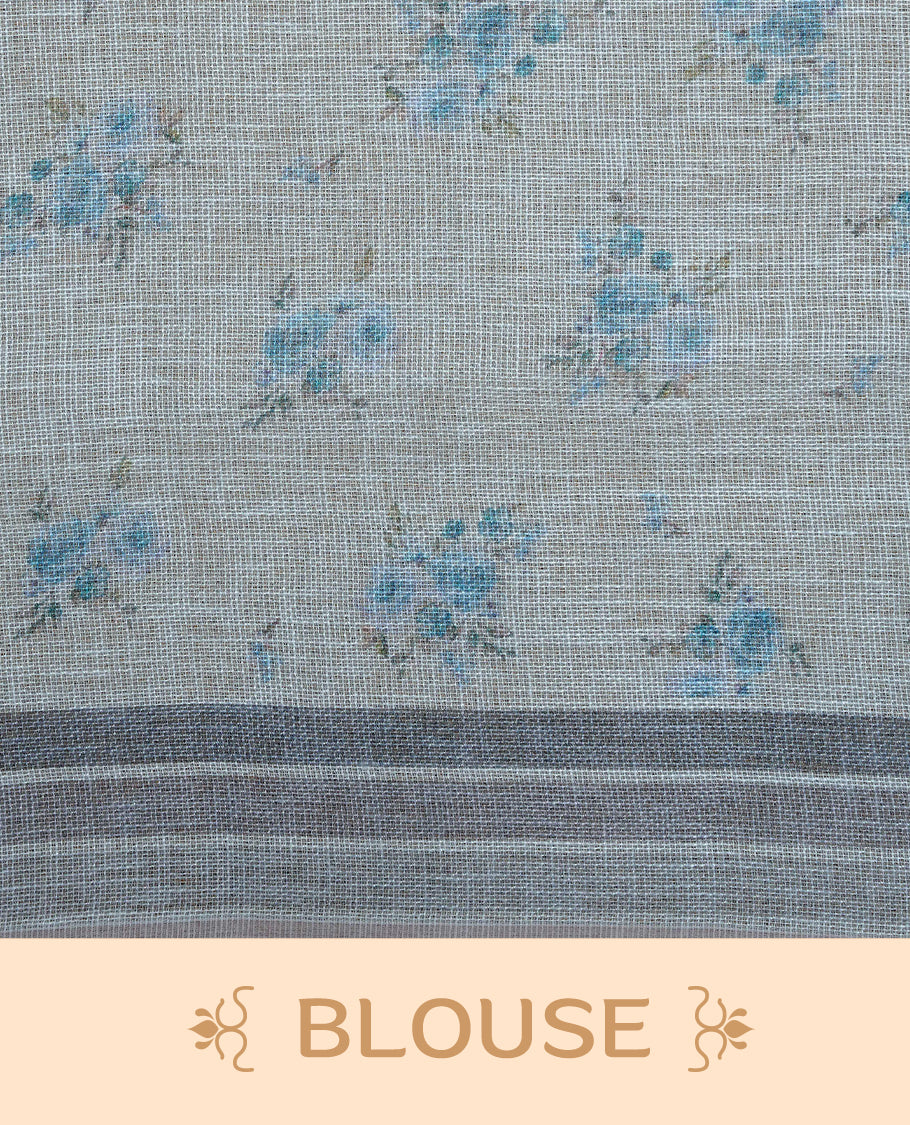 Cream colour semi linen saree featuring Blue colour floral print on body, complemented by contrast Strip pattern border, comes with matching blouse piece.